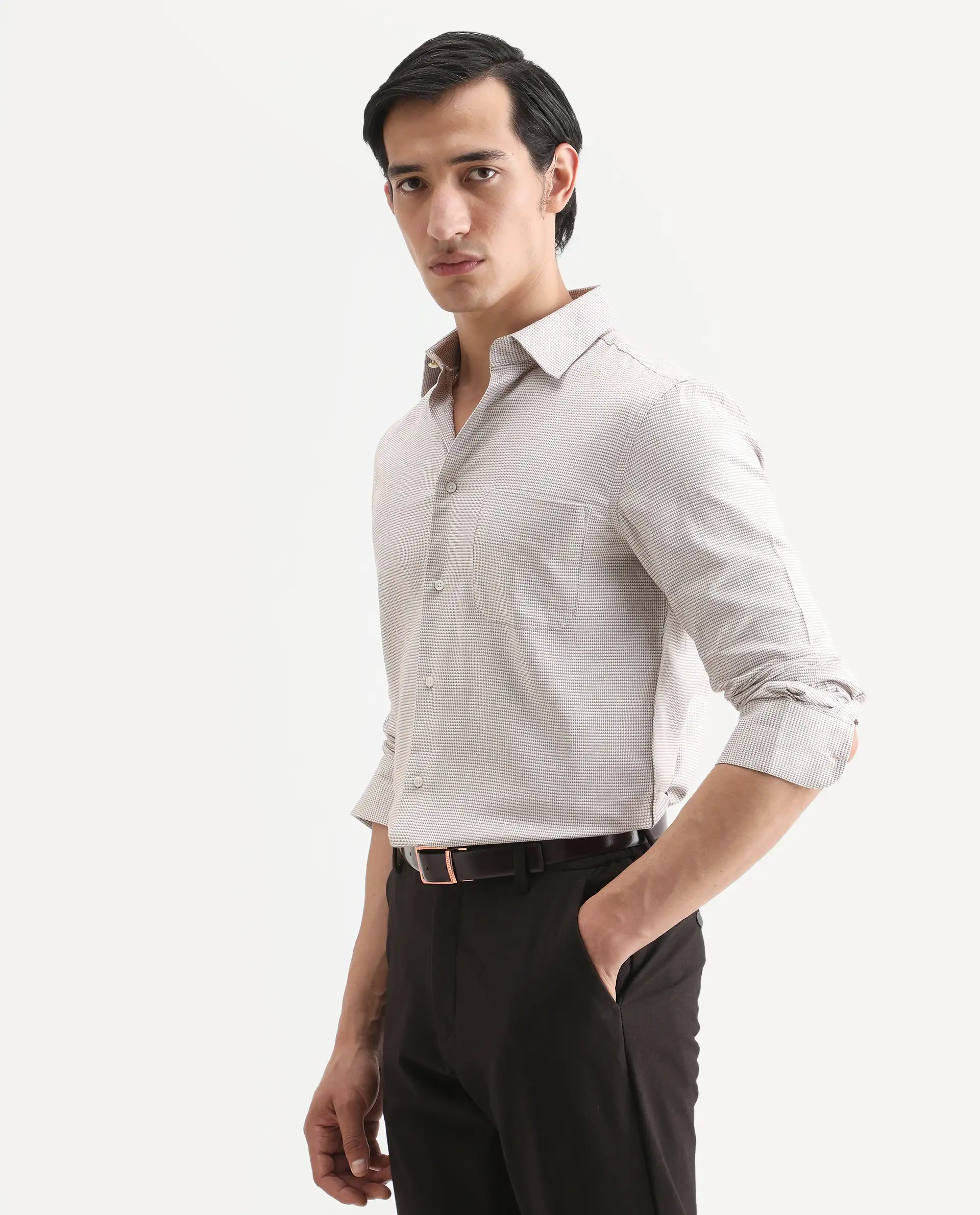 Rare Rabbit Men's Fresno Beige Cotton Dobby Print Regular Fit Full Sleeve Collared Shirt - Image 5
