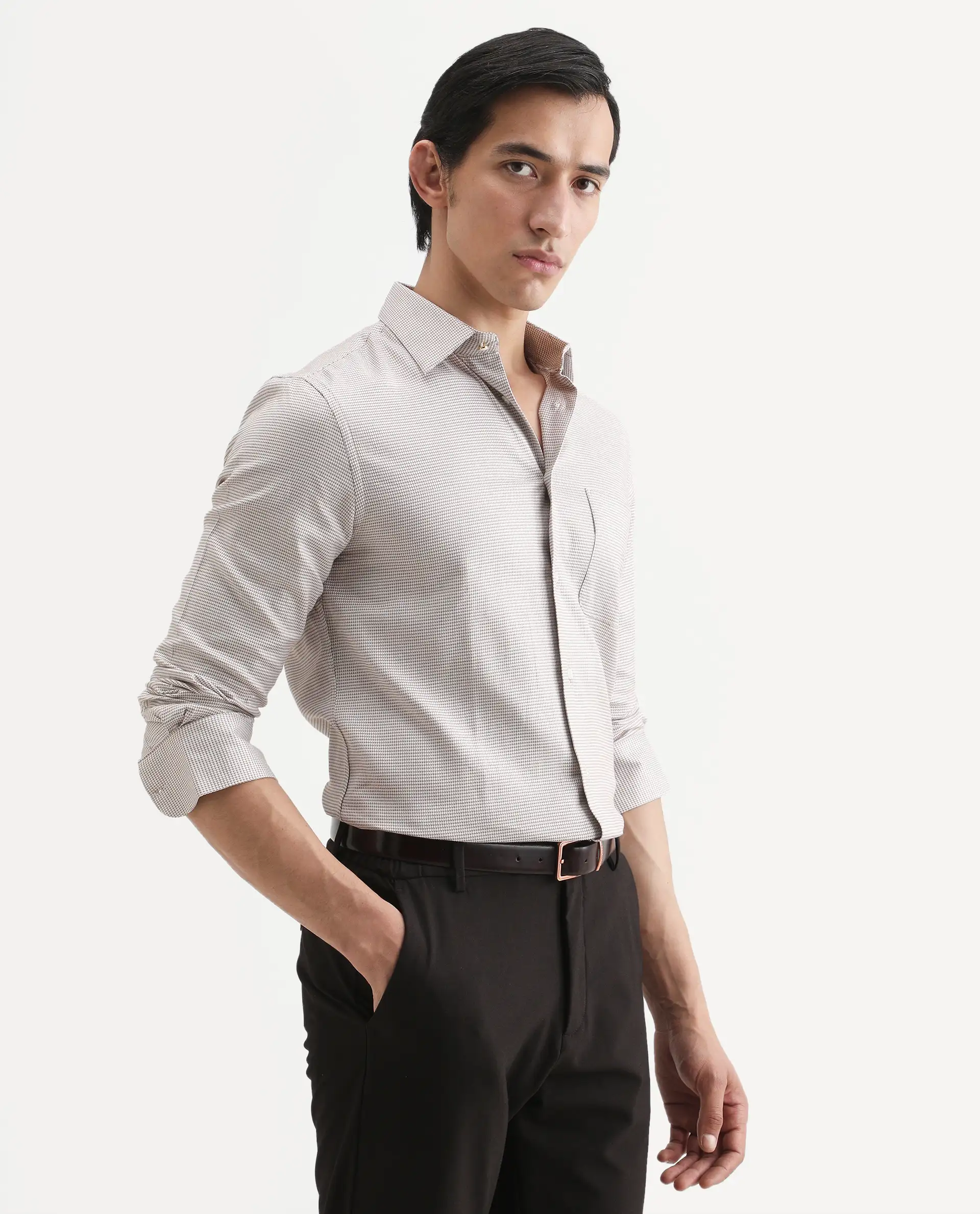 Rare Rabbit Men's Fresno Beige Cotton Dobby Print Regular Fit Full Sleeve Collared Shirt - Image 6