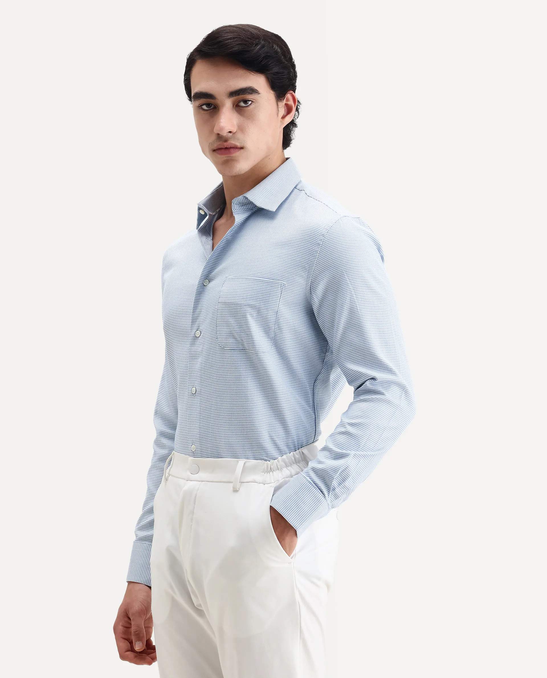 Rare Rabbit Men's Fresno Blue Cotton Dobby Print Regular Fit Full Sleeve Collared Shirt - Image 4