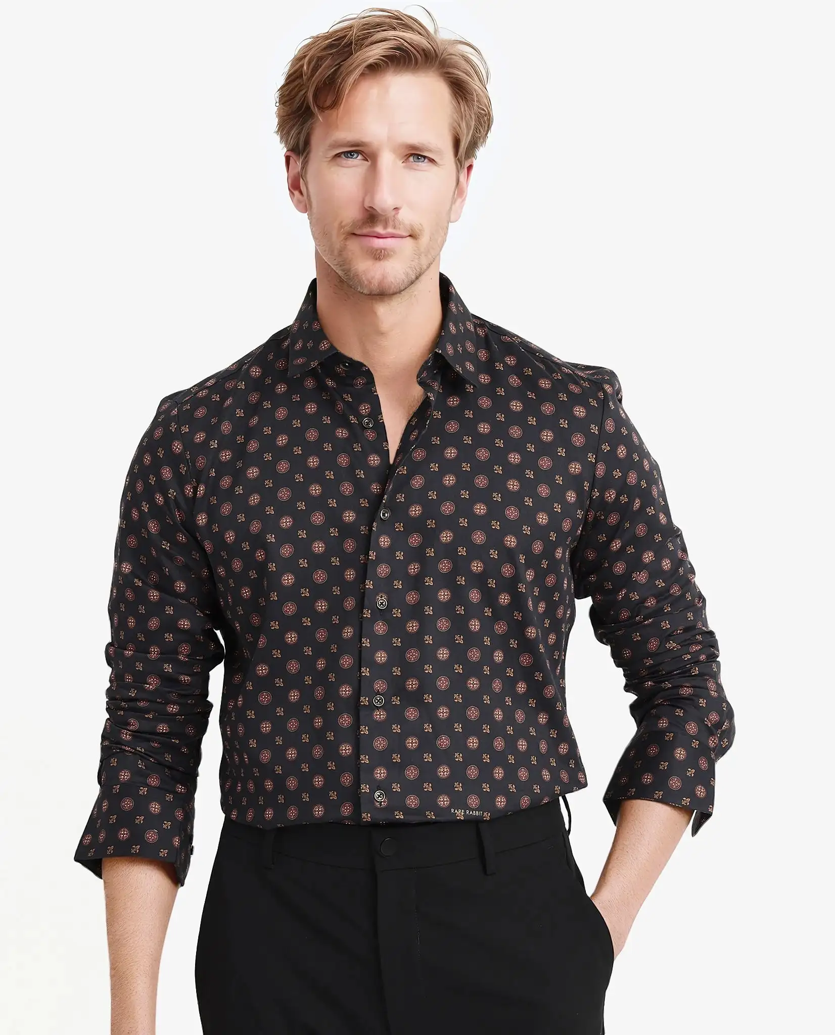 Rare Rabbit Men's Freya- Black Cotton Geometric Print Regular Fit Full Sleeve Collared Shirt