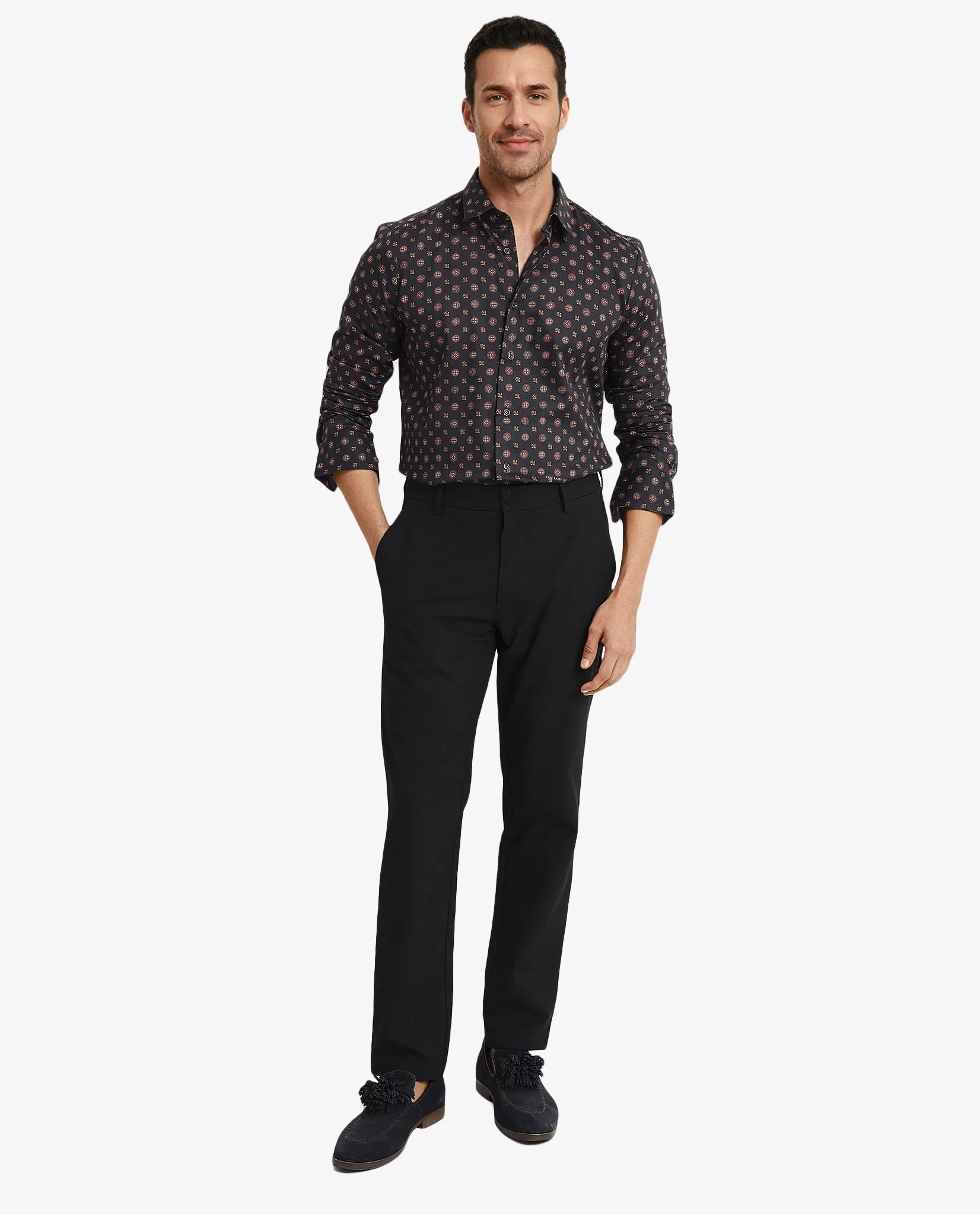 Rare Rabbit Men's Freya- Black Cotton Geometric Print Regular Fit Full Sleeve Collared Shirt - Image 2