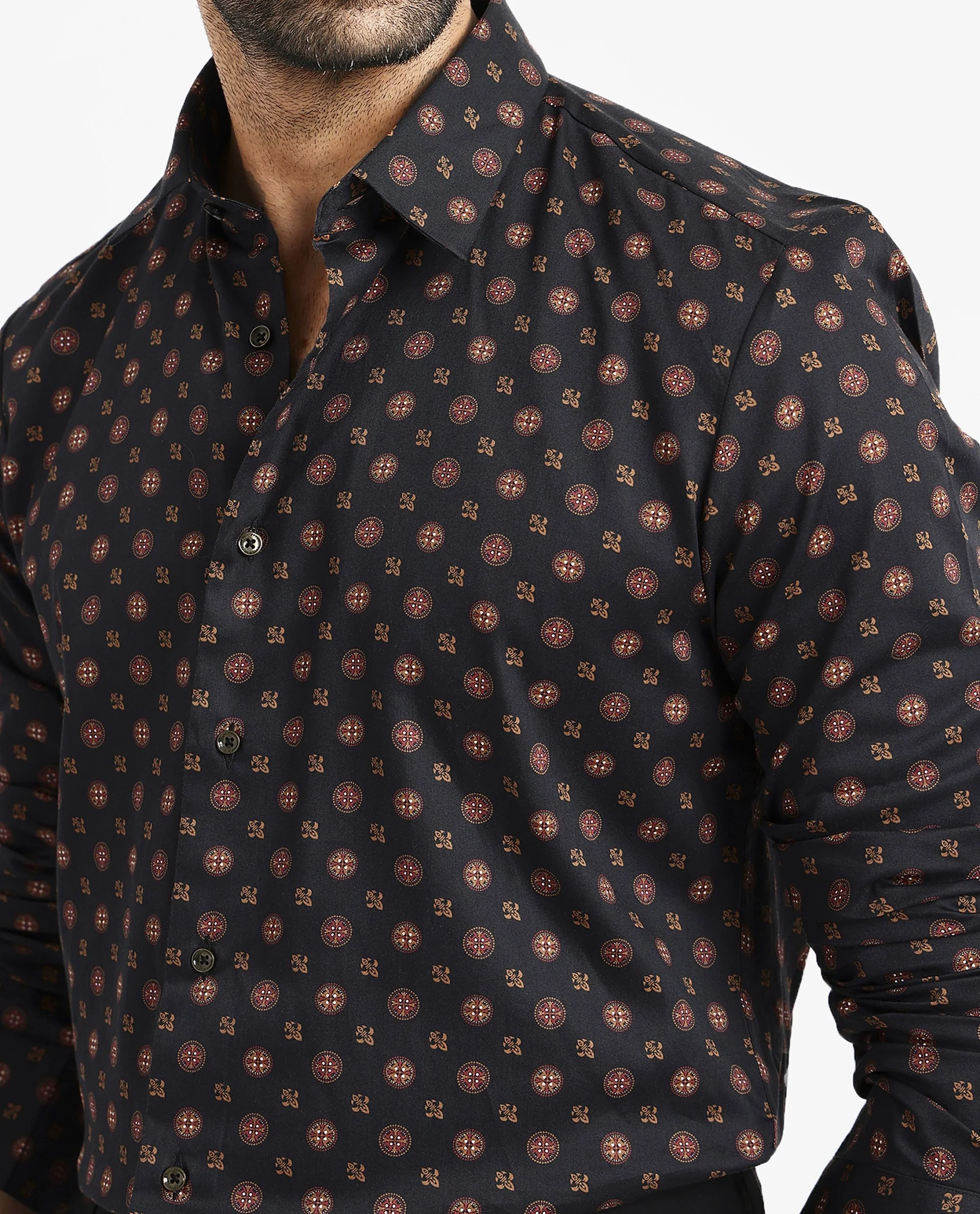 Rare Rabbit Men's Freya- Black Cotton Geometric Print Regular Fit Full Sleeve Collared Shirt - Image 3