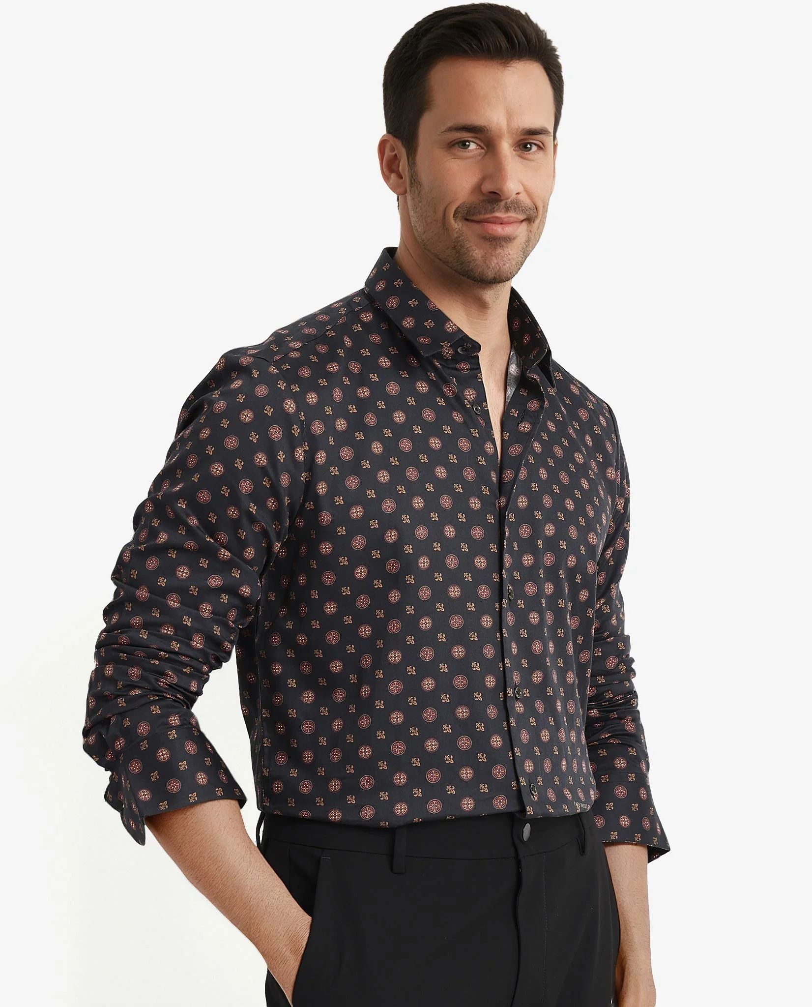 Rare Rabbit Men's Freya- Black Cotton Geometric Print Regular Fit Full Sleeve Collared Shirt - Image 6