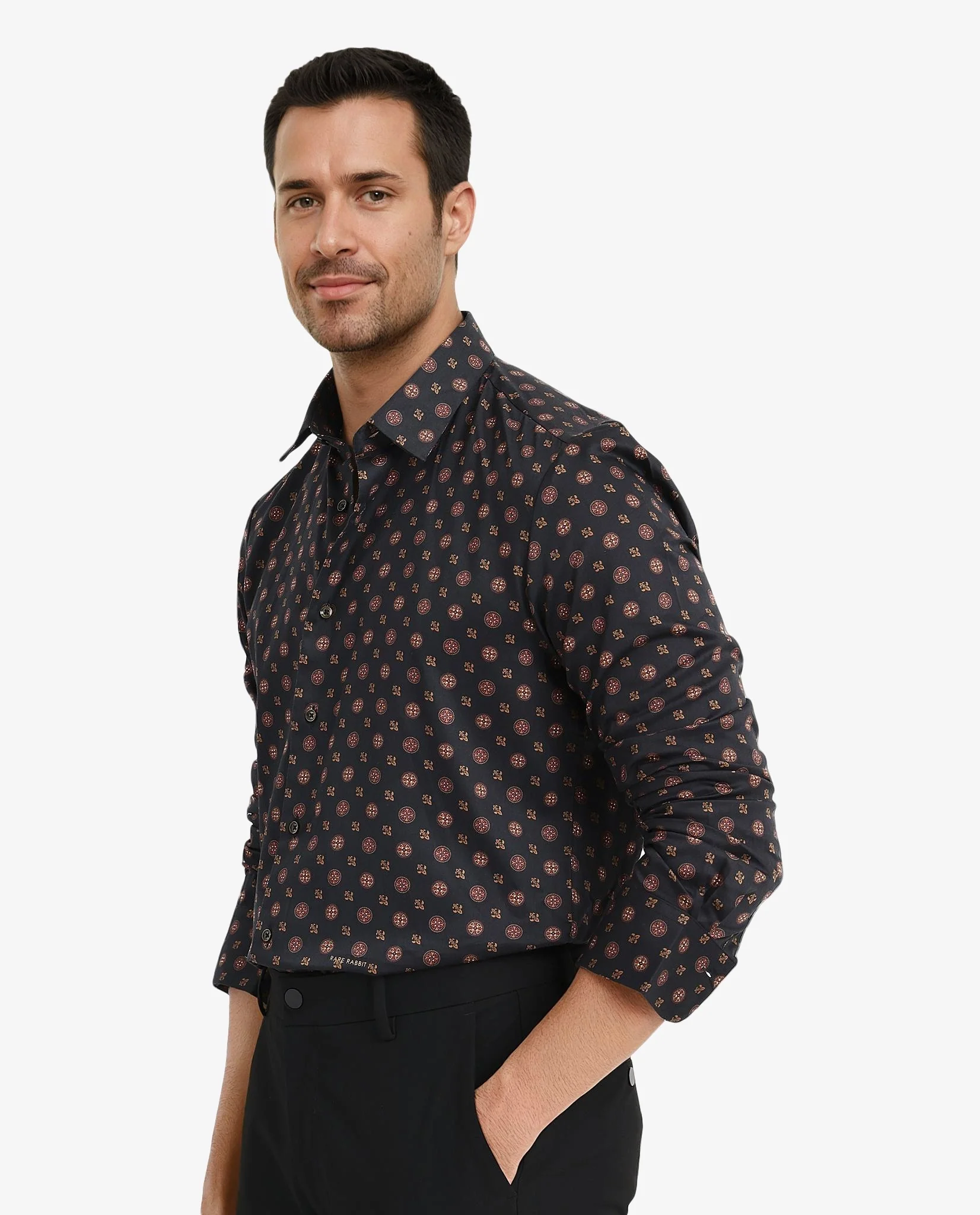 Rare Rabbit Men's Freya- Black Cotton Geometric Print Regular Fit Full Sleeve Collared Shirt - Image 7