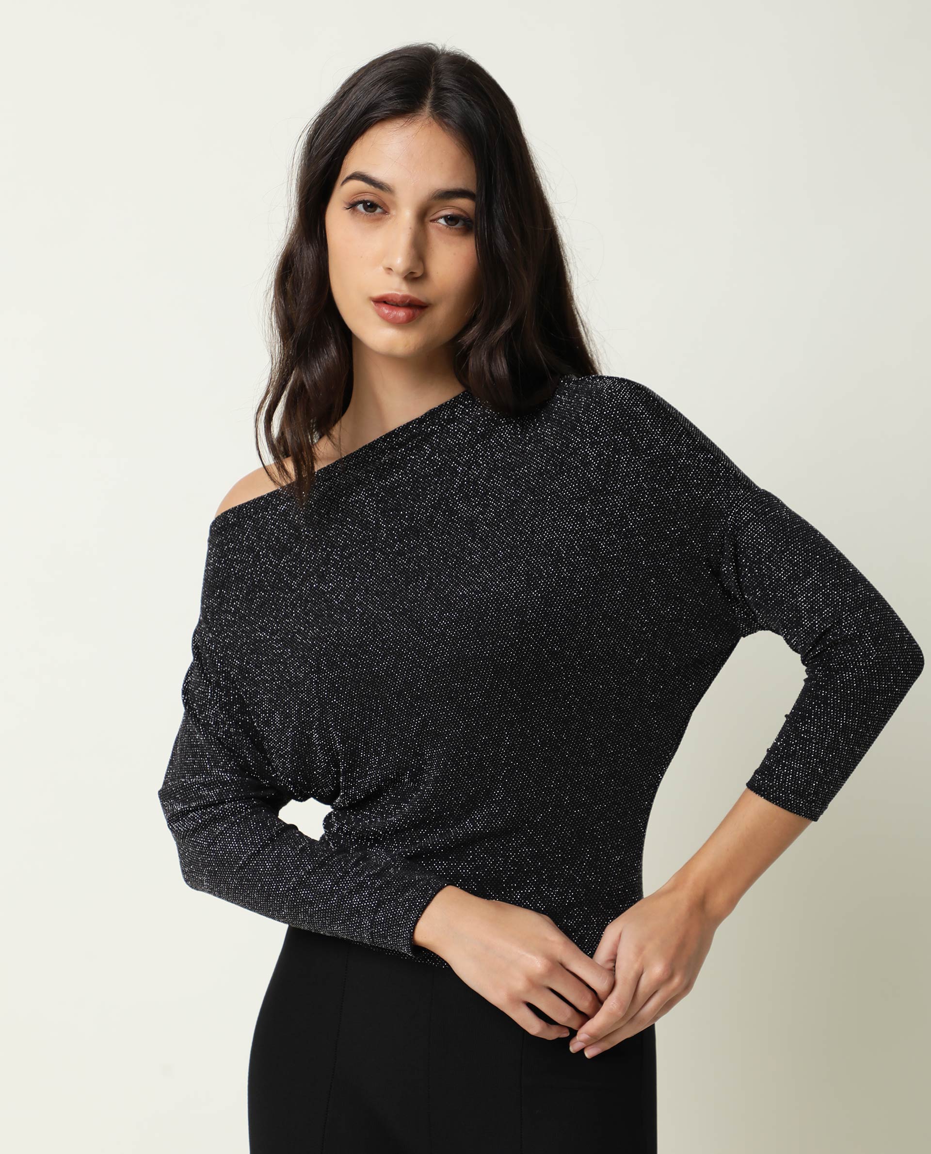 Rareism Women Freys Black Top Nylon Fabric Full Sleeves Solid