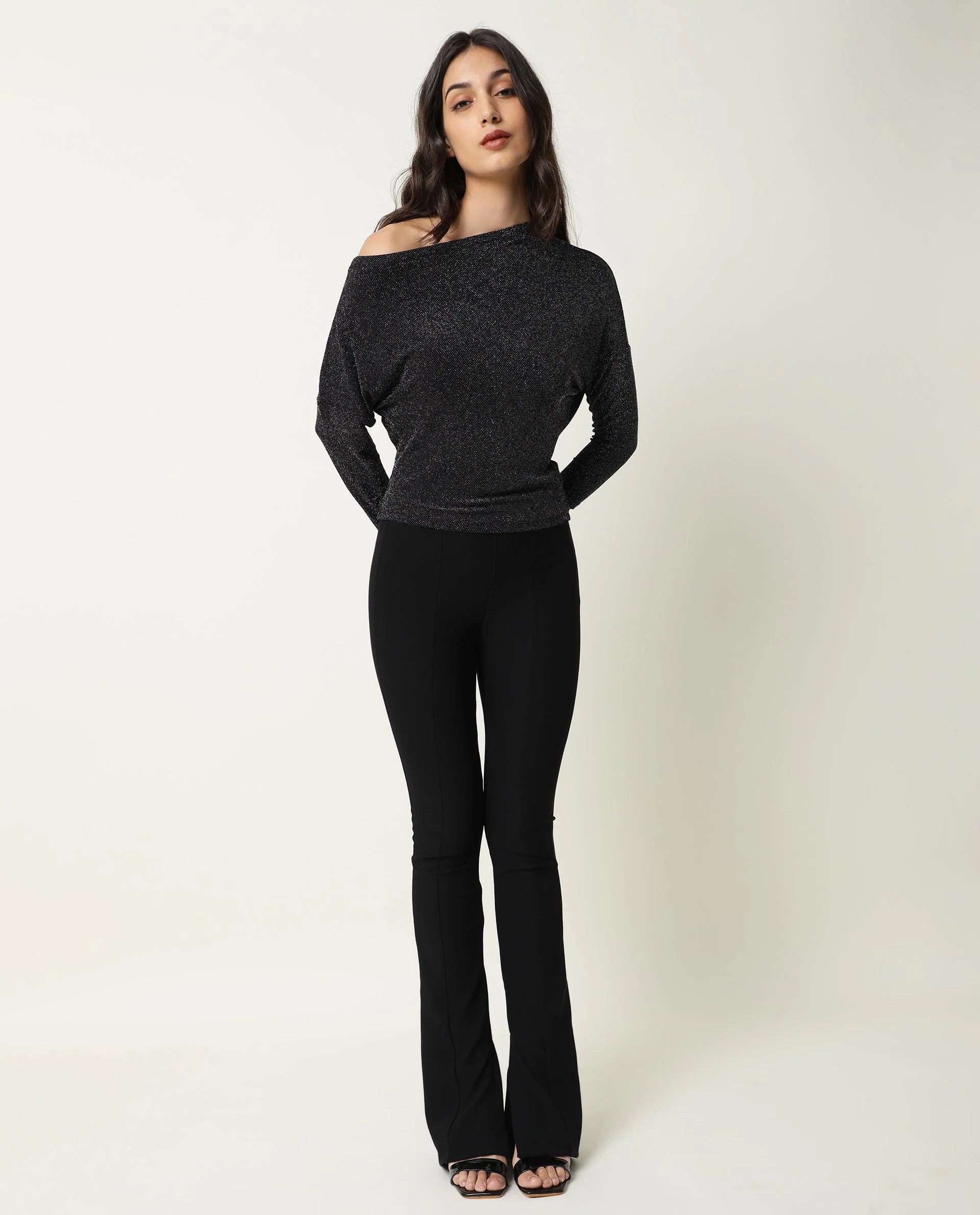 Rareism Women Freys Black Top Nylon Fabric Full Sleeves Solid - Image 2