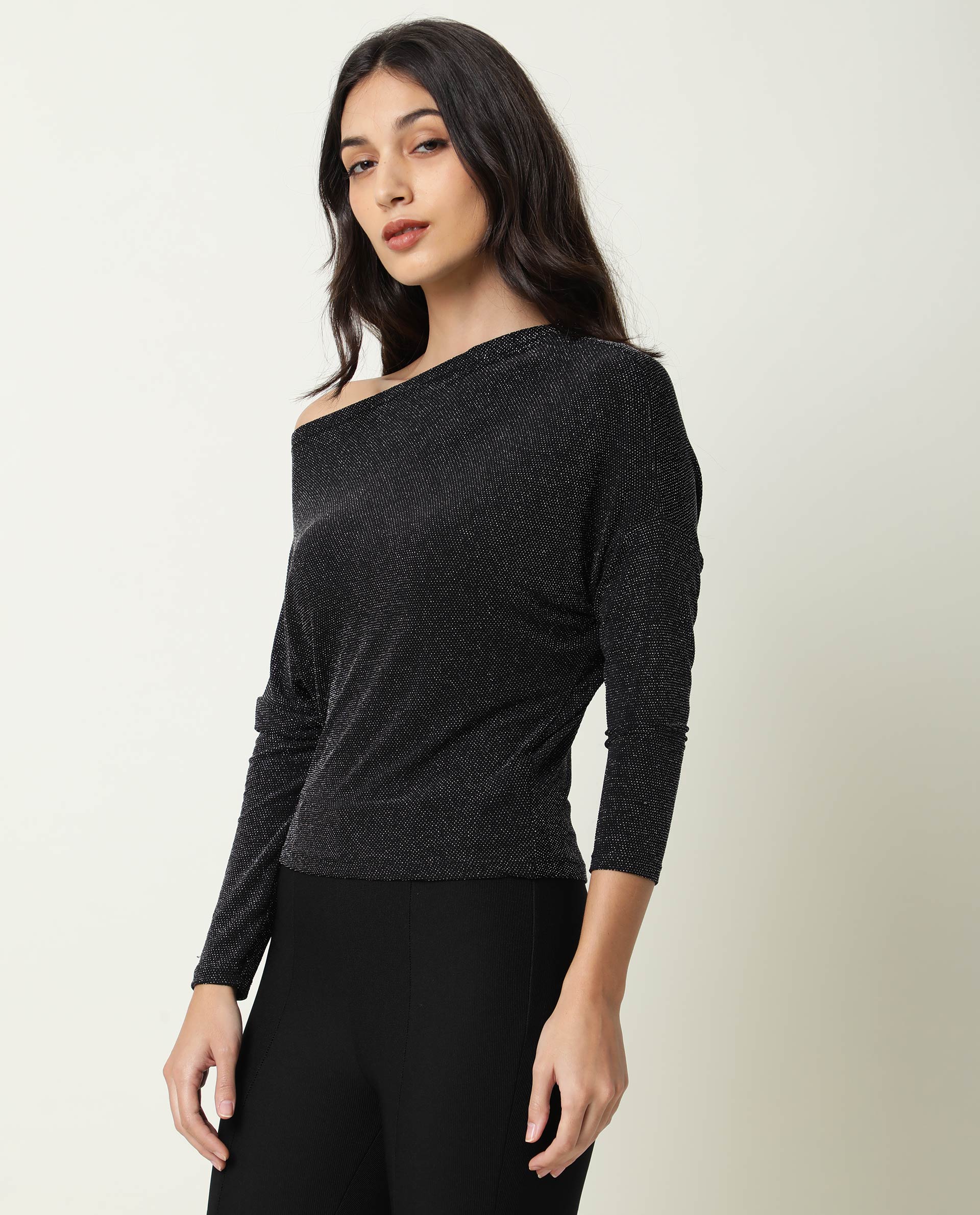 Rareism Women Freys Black Top Nylon Fabric Full Sleeves Solid - Image 5