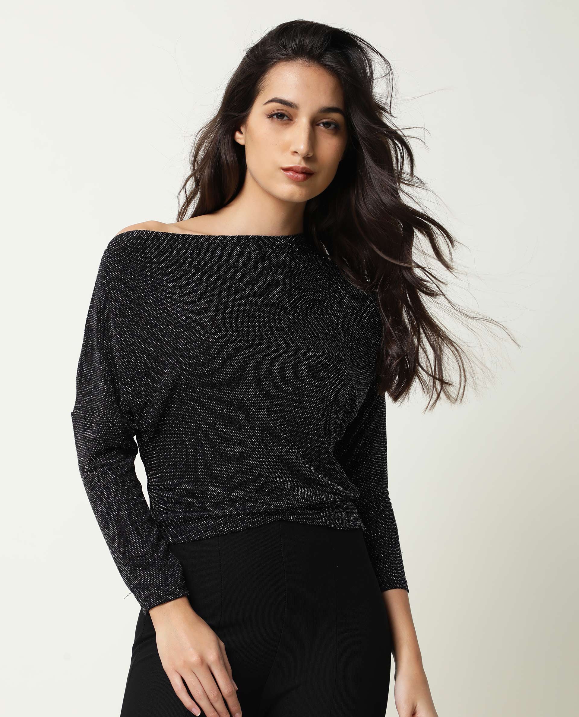 Rareism Women Freys Black Top Nylon Fabric Full Sleeves Solid - Image 7