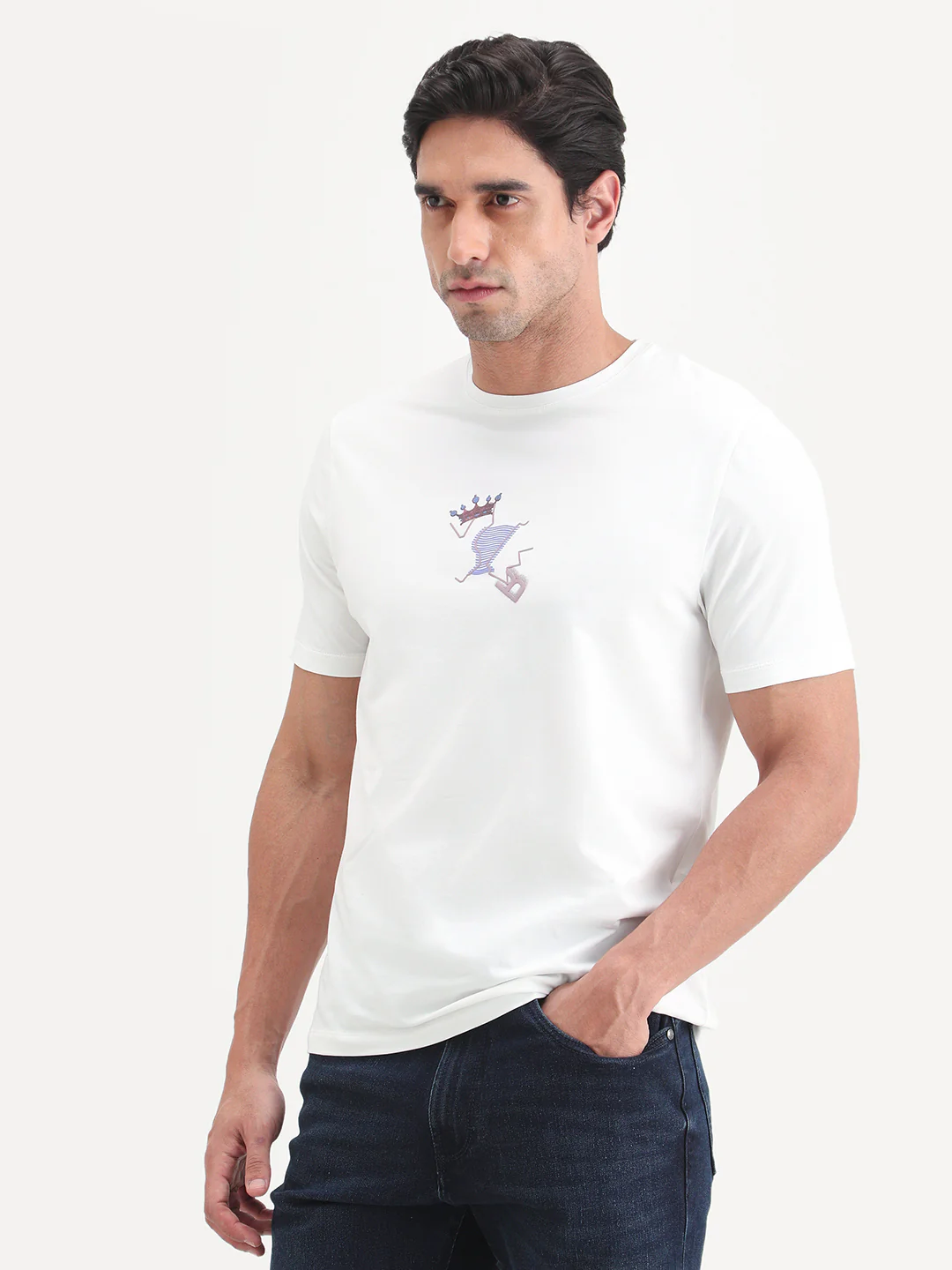 Rare Rabbit Men's Friend-2 Off White Cotton Blend Half Sleeve Crew Neck Regular Fit Graphic Print T-Shirt - Image 4