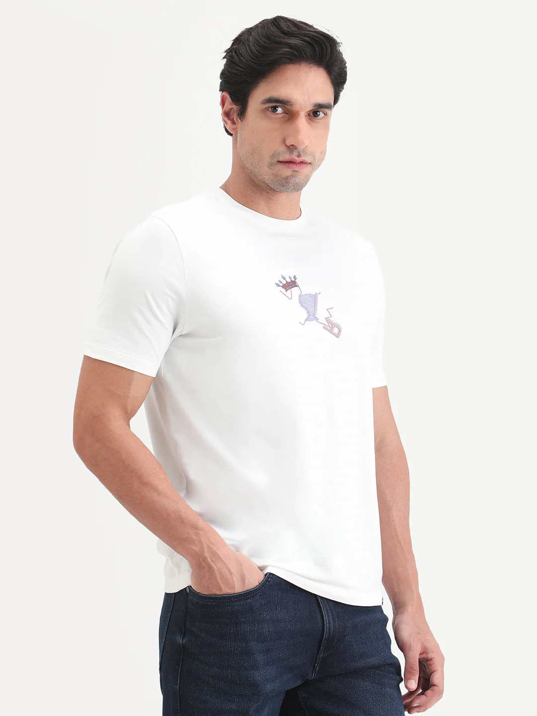 Rare Rabbit Men's Friend-2 Off White Cotton Blend Half Sleeve Crew Neck Regular Fit Graphic Print T-Shirt - Image 5