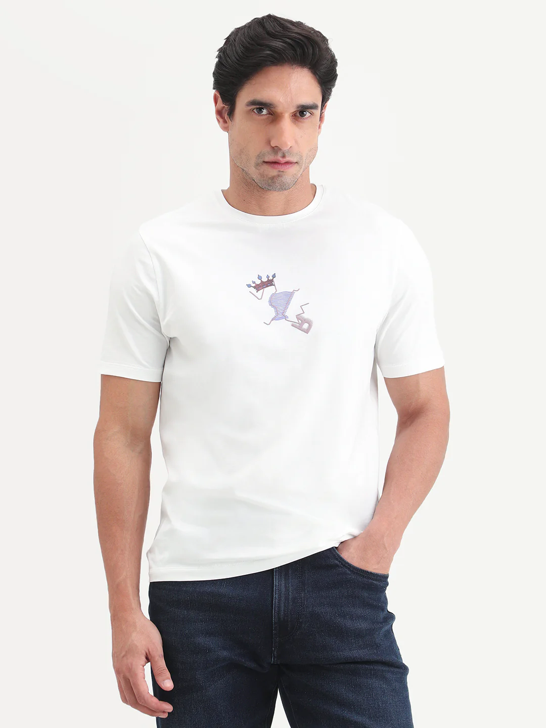 Rare Rabbit Men's Friend-2 Off White Cotton Blend Half Sleeve Crew Neck Regular Fit Graphic Print T-Shirt - Image 7