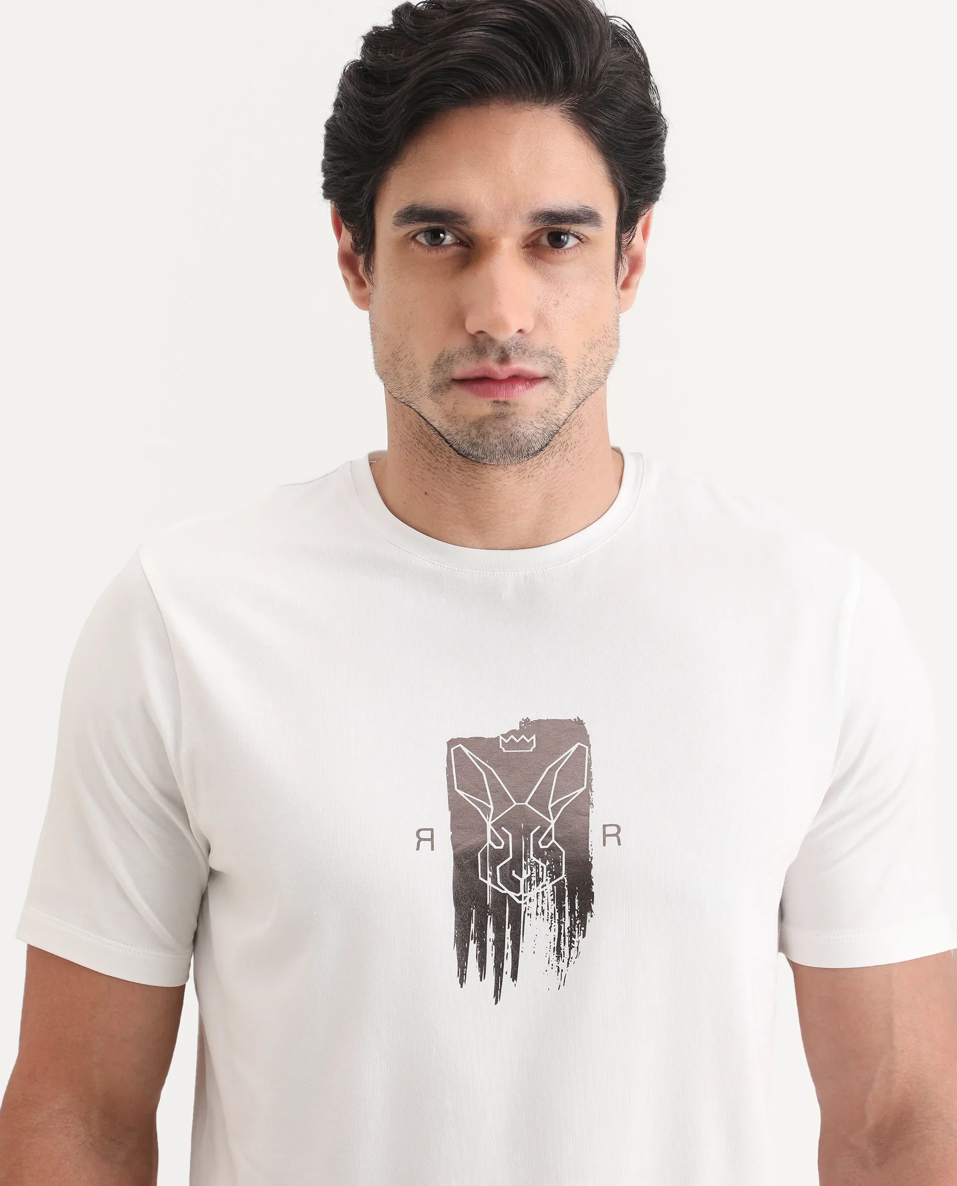 Rare Rabbit Men's Friend Off White Cotton Blend Fabric Half Sleeve Crew Neck Regular Fit Graphic Print T-Shirt - Image 3