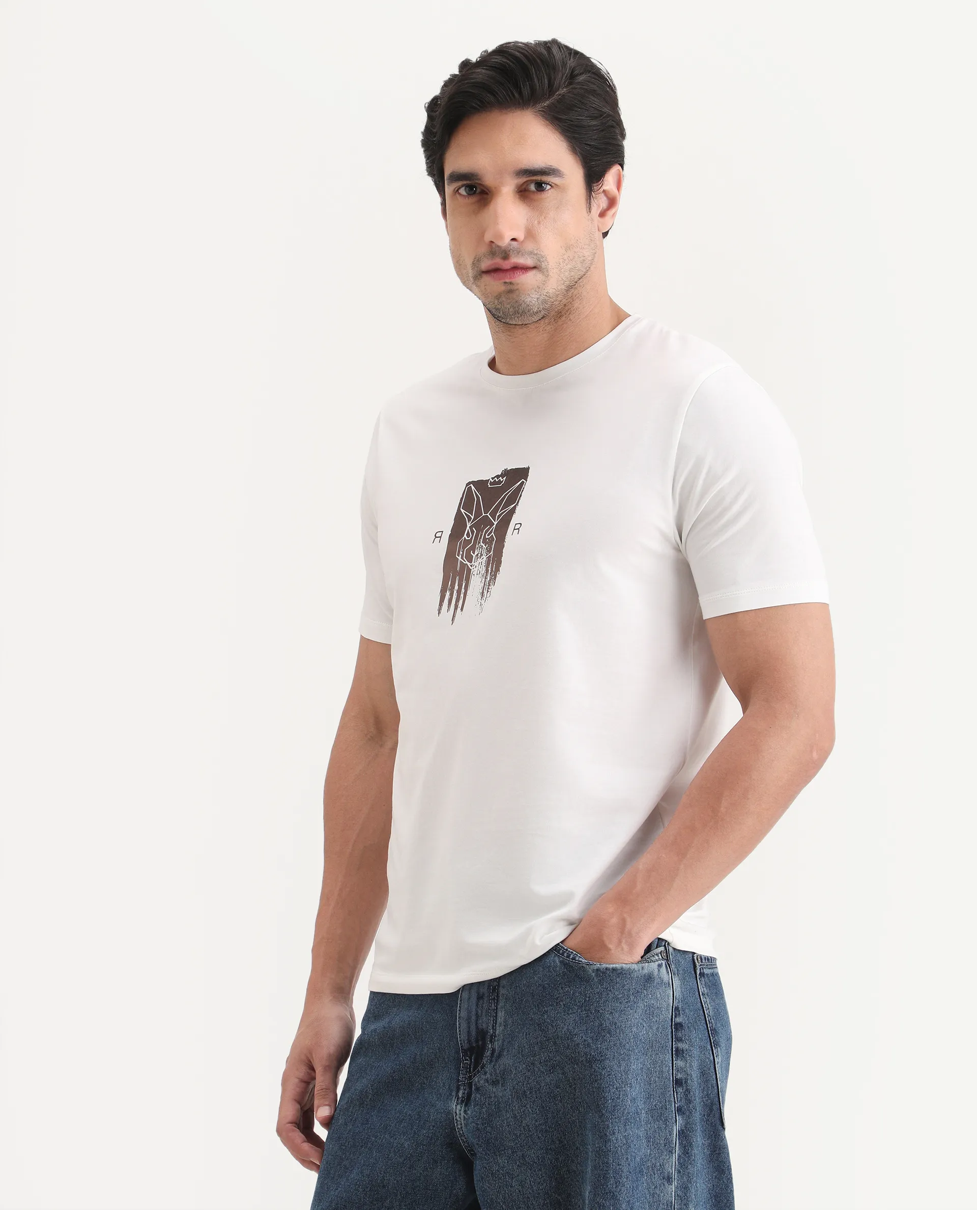 Rare Rabbit Men's Friend Off White Cotton Blend Fabric Half Sleeve Crew Neck Regular Fit Graphic Print T-Shirt - Image 4