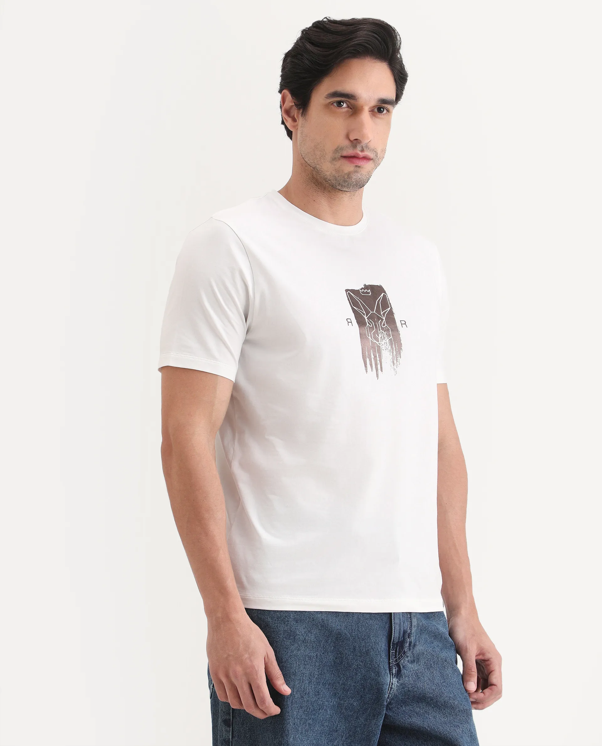 Rare Rabbit Men's Friend Off White Cotton Blend Fabric Half Sleeve Crew Neck Regular Fit Graphic Print T-Shirt - Image 5