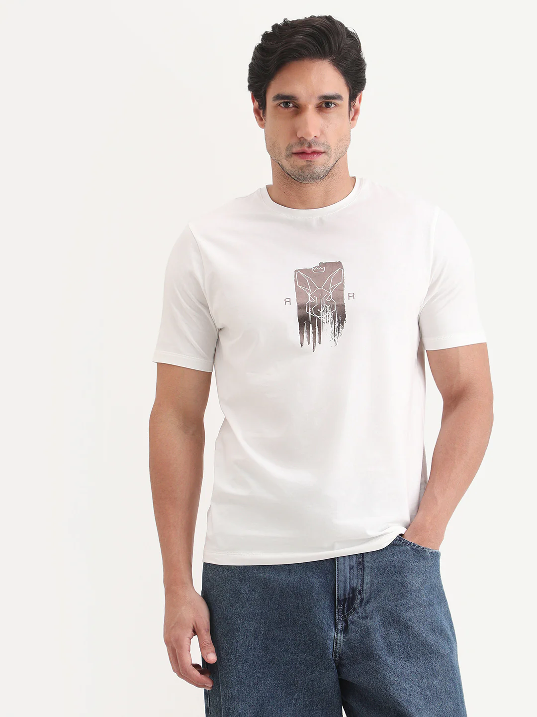 Rare Rabbit Men's Friend Off White Cotton Blend Fabric Half Sleeve Crew Neck Regular Fit Graphic Print T-Shirt - Image 6