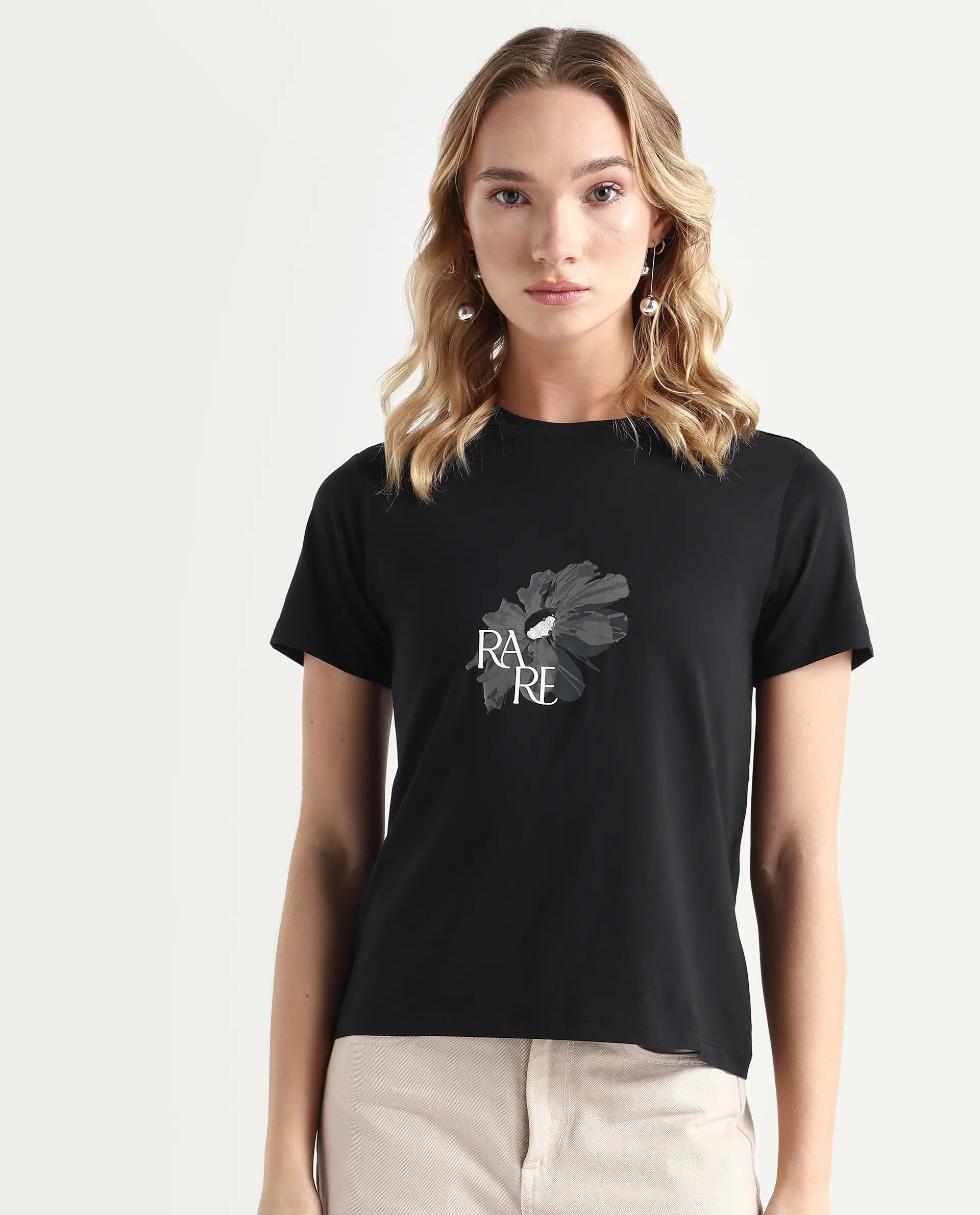 Rareism Women's Fringe Black Cotton Blend Crew Neck Graphic Print Regular Fit T-Shirt - Image 4