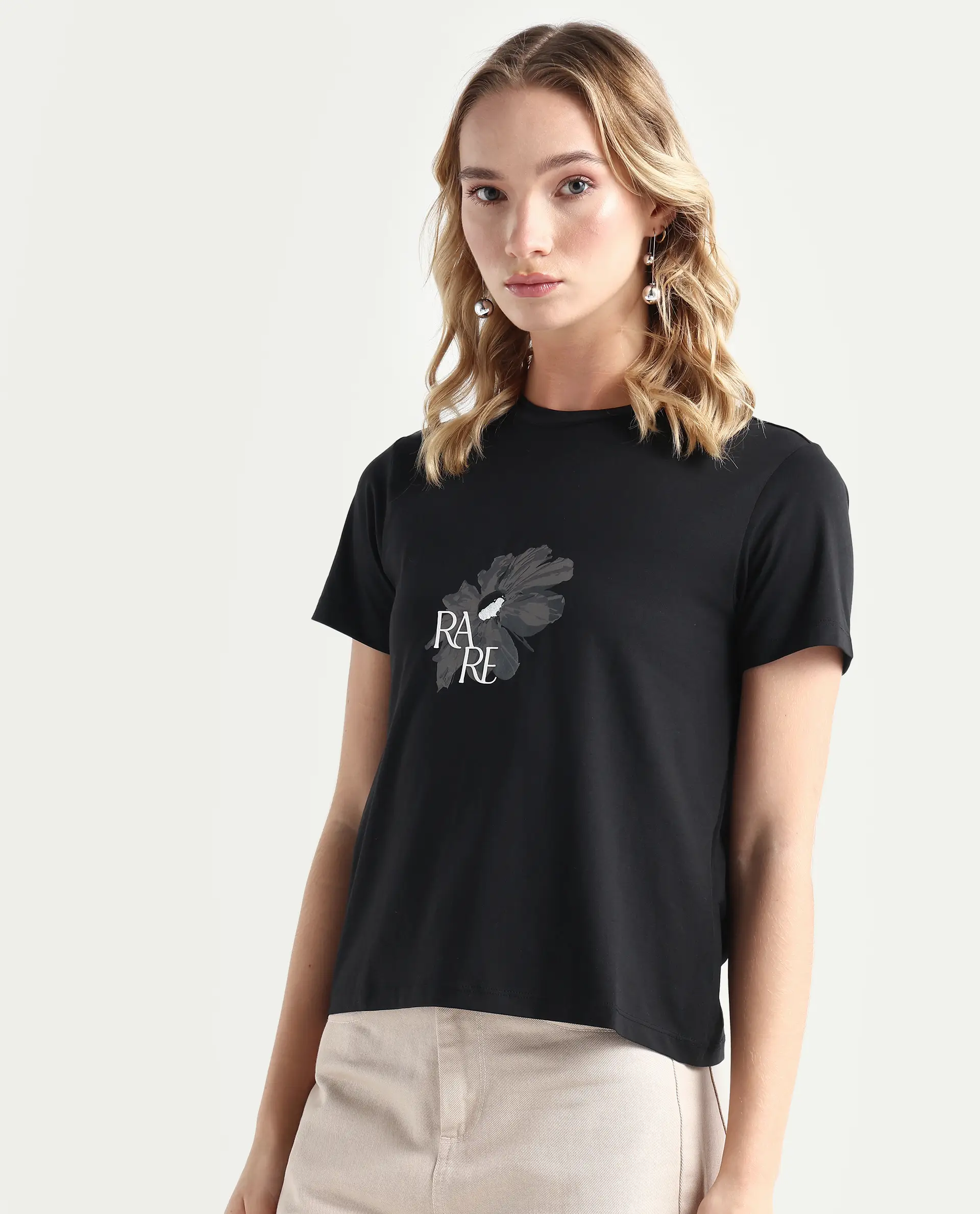 Rareism Women's Fringe Black Cotton Blend Crew Neck Graphic Print Regular Fit T-Shirt - Image 5