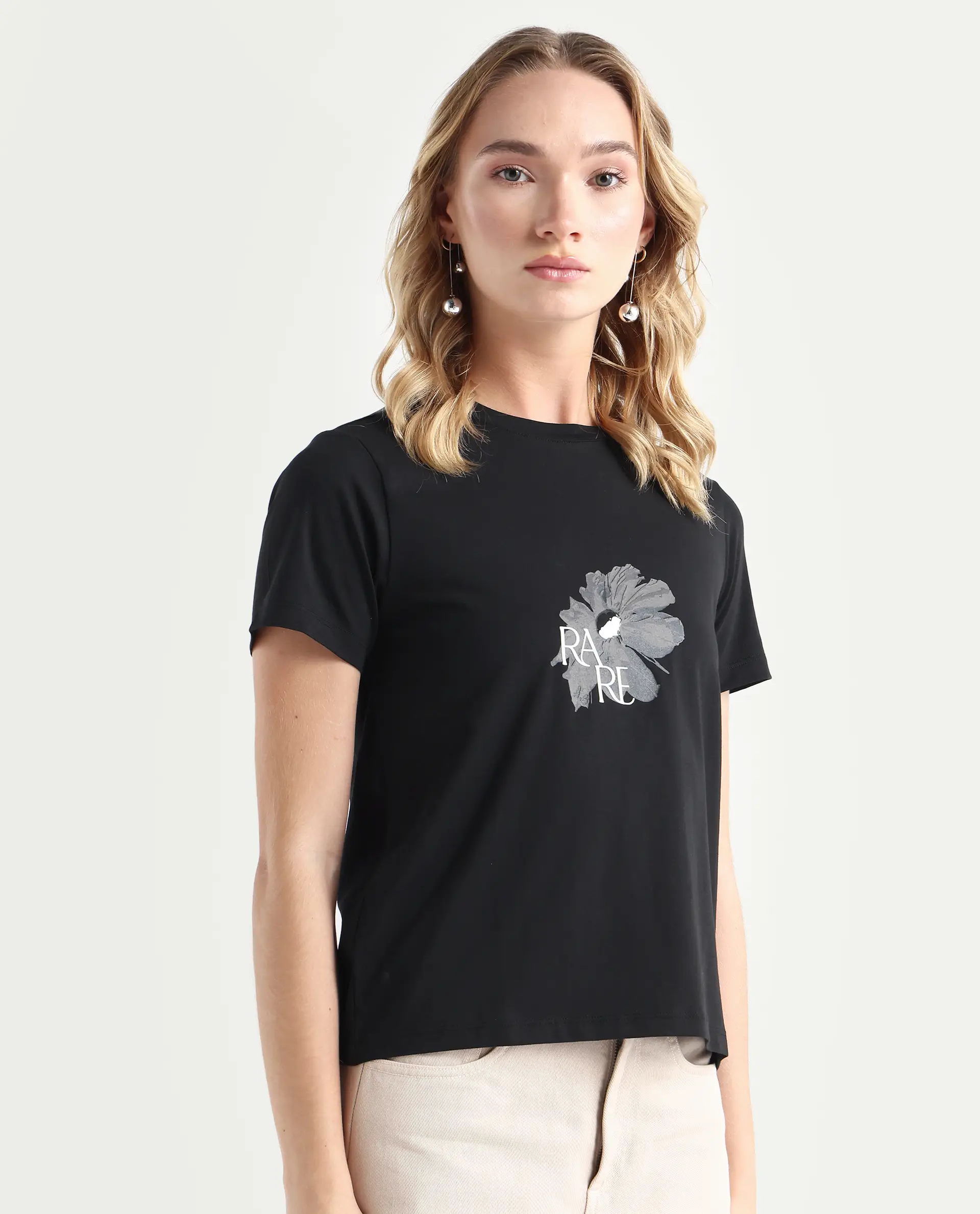 Rareism Women's Fringe Black Cotton Blend Crew Neck Graphic Print Regular Fit T-Shirt - Image 6