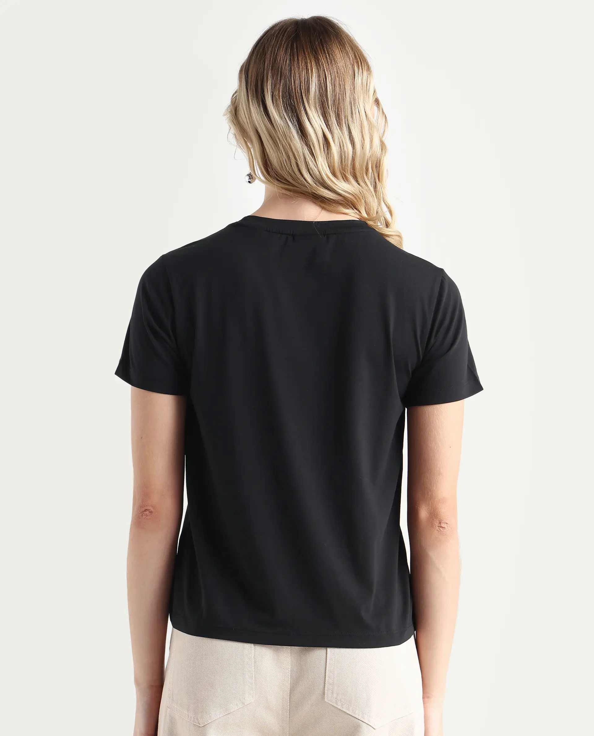 Rareism Women's Fringe Black Cotton Blend Crew Neck Graphic Print Regular Fit T-Shirt - Image 7