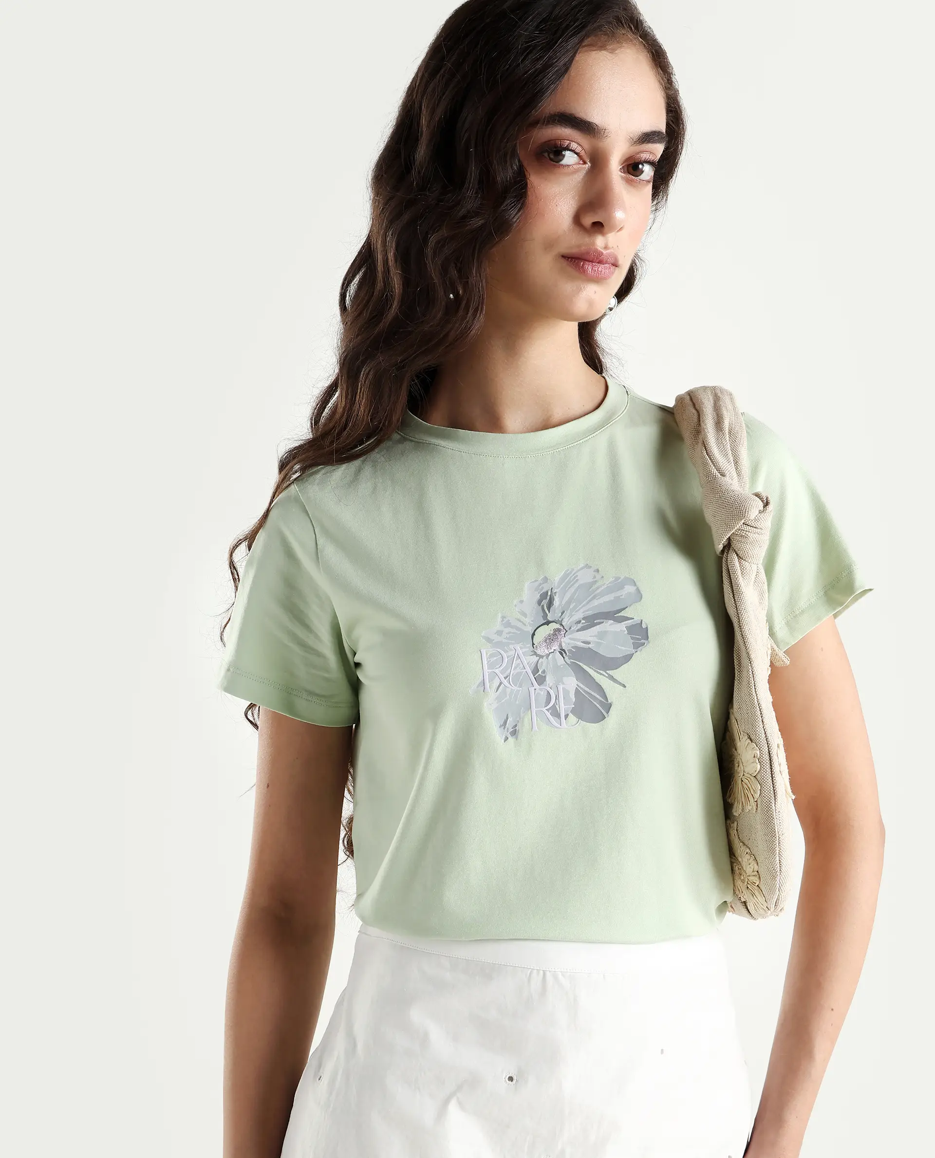 Rareism Women's Fringe Pastel Green Cotton Blend Crew Neck Graphic Print Regular Fit T-Shirt