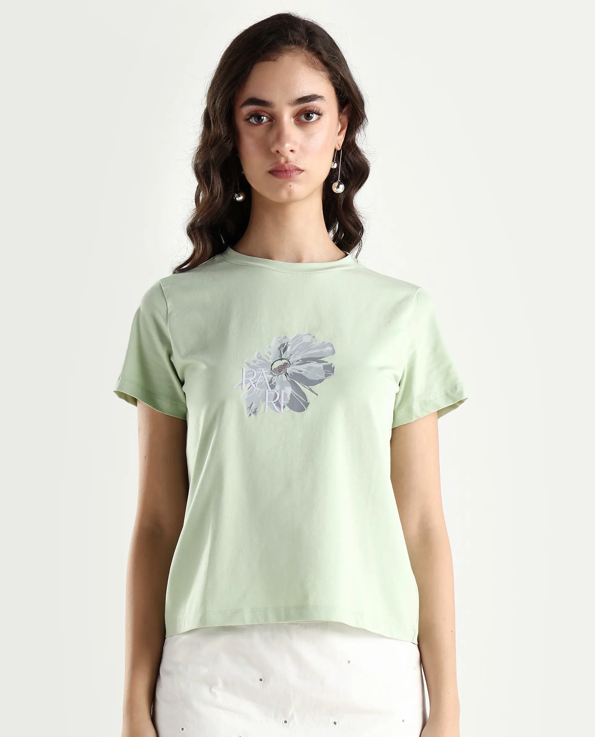 Rareism Women's Fringe Pastel Green Cotton Blend Crew Neck Graphic Print Regular Fit T-Shirt - Image 3