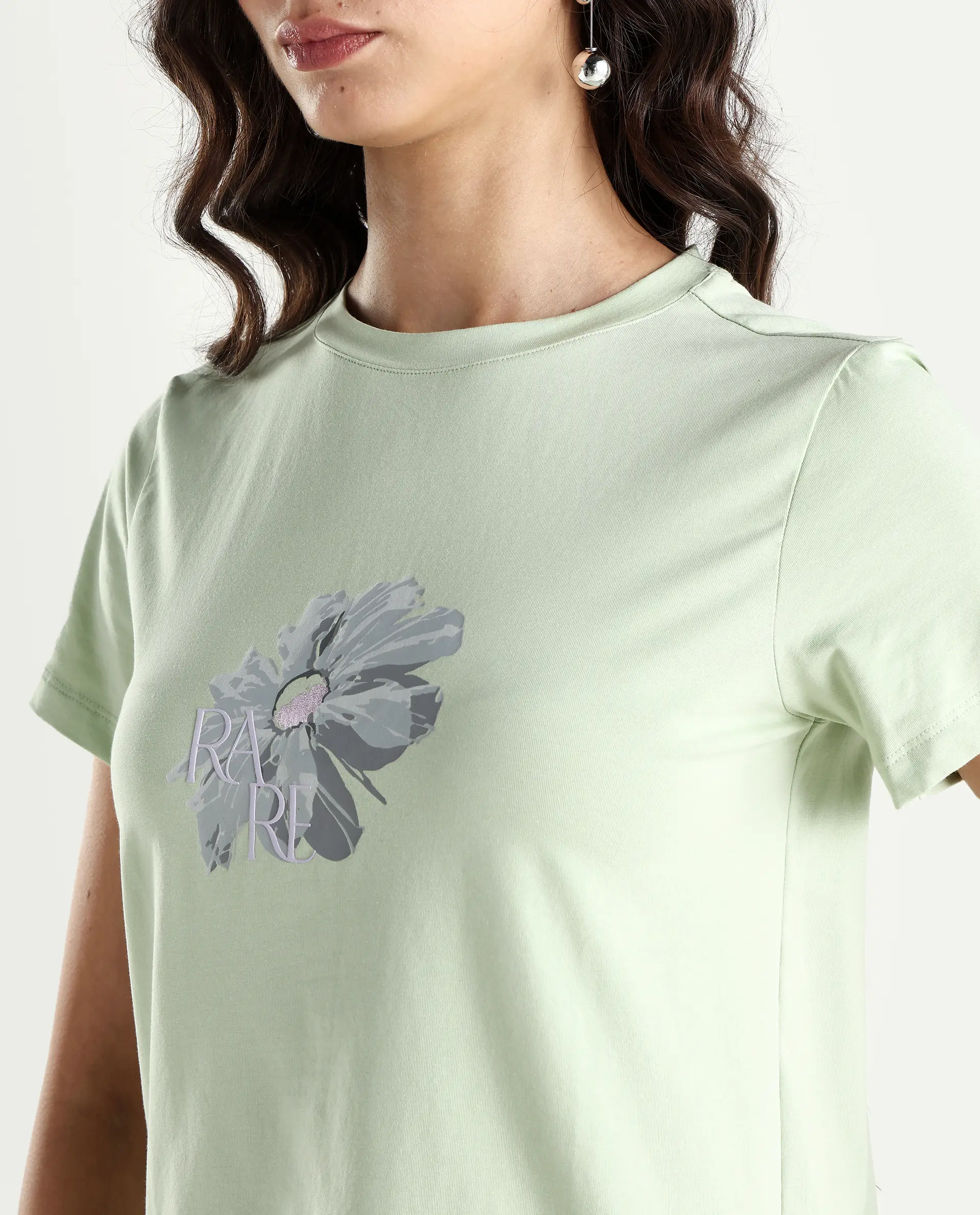 Rareism Women's Fringe Pastel Green Cotton Blend Crew Neck Graphic Print Regular Fit T-Shirt - Image 4