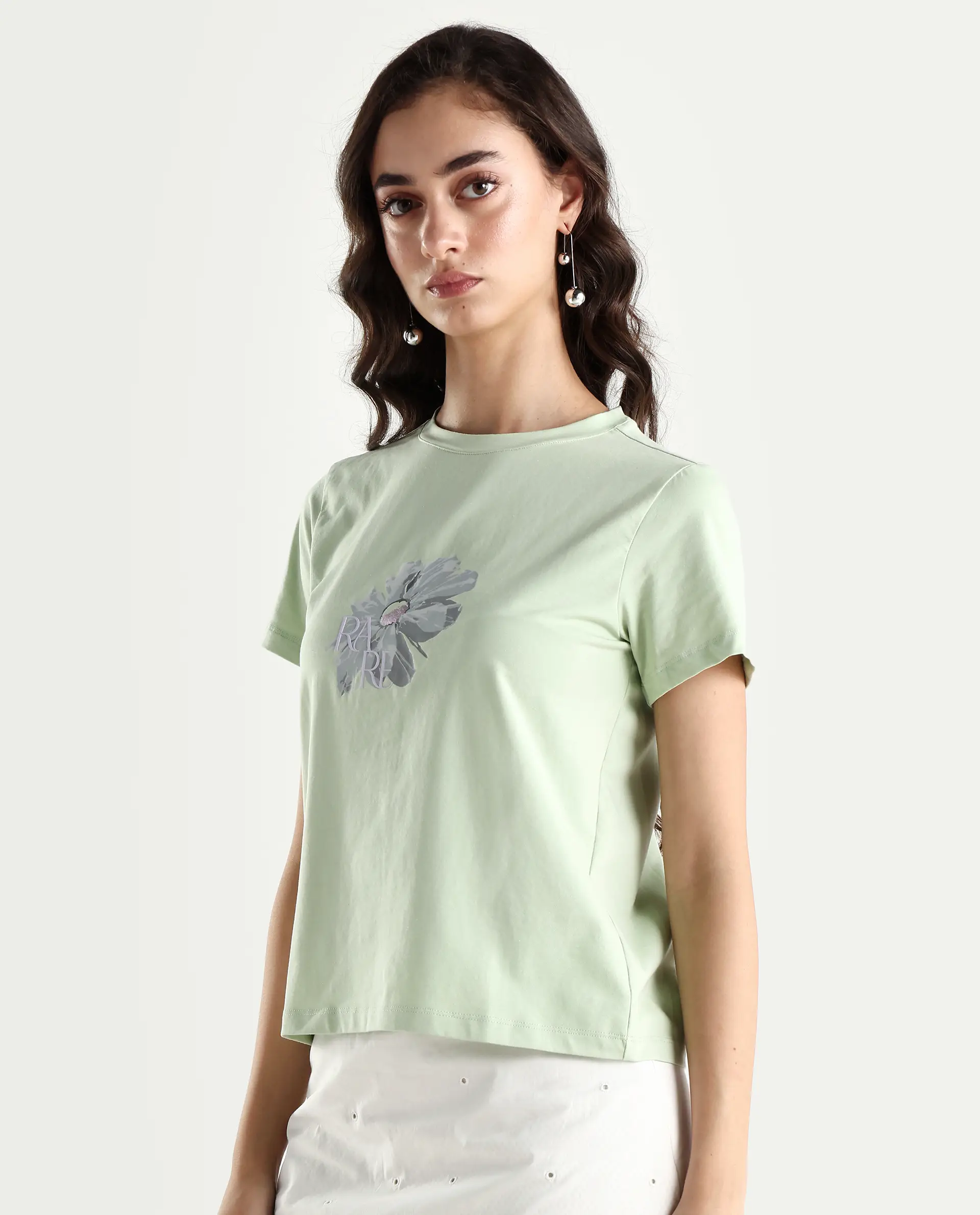 Rareism Women's Fringe Pastel Green Cotton Blend Crew Neck Graphic Print Regular Fit T-Shirt - Image 5