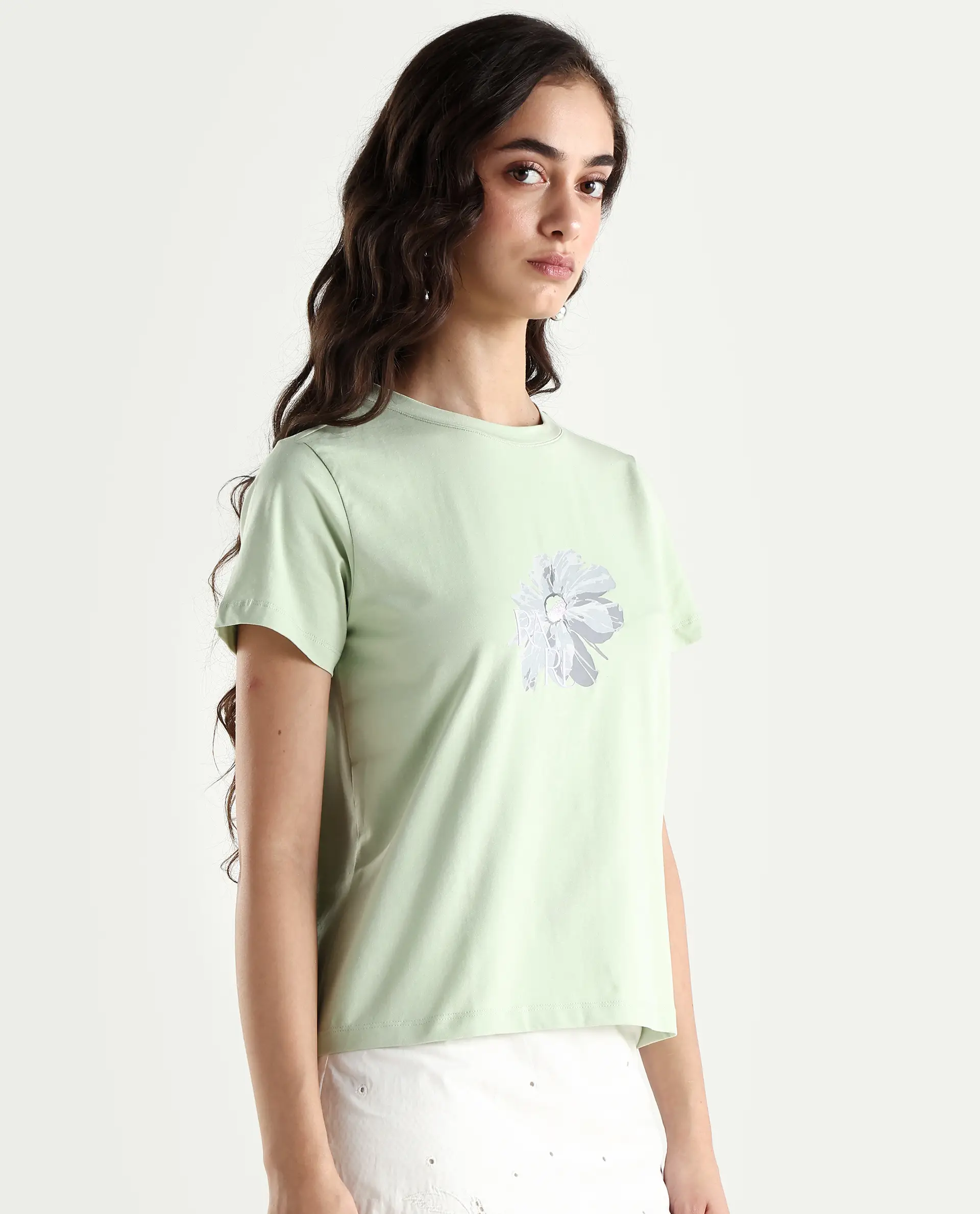 Rareism Women's Fringe Pastel Green Cotton Blend Crew Neck Graphic Print Regular Fit T-Shirt - Image 6