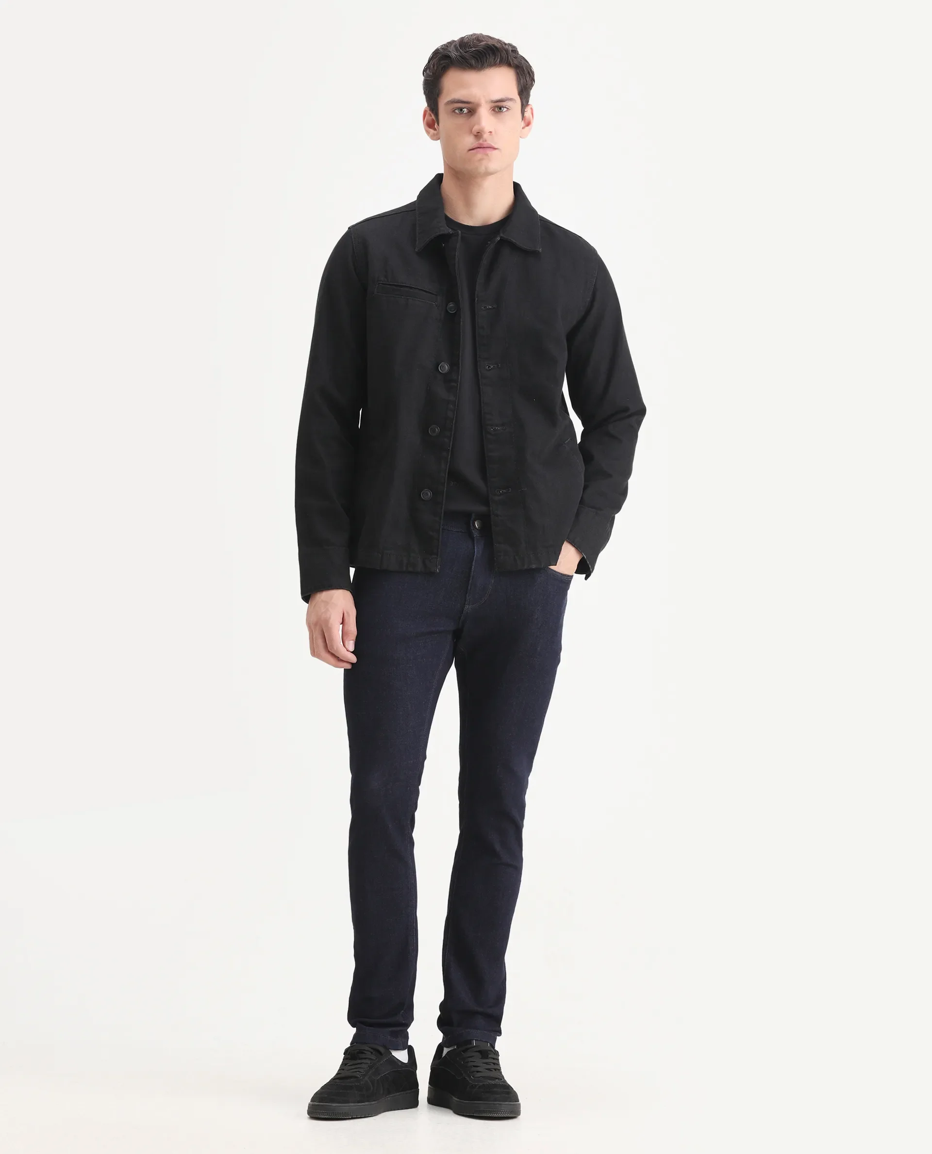 Rare Rabbit Men's Frisco Navy Cotton Plain Hawk Slim Fit Jeans