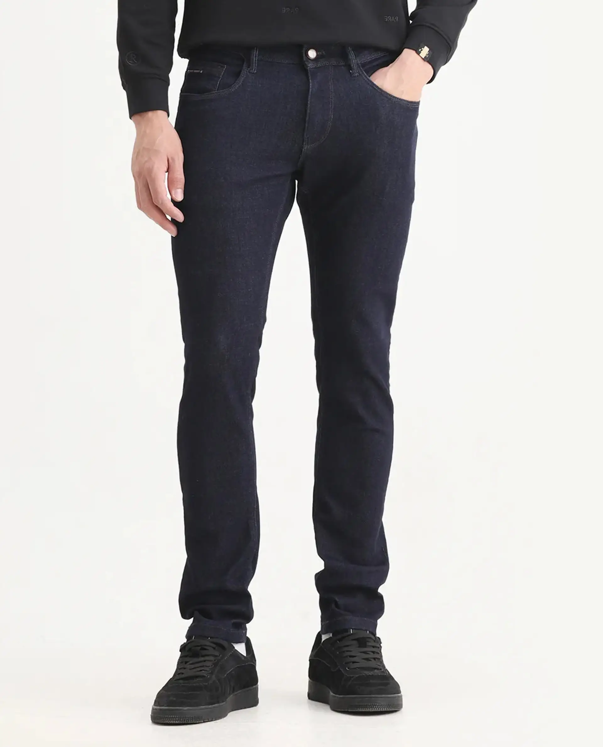 Rare Rabbit Men's Frisco Navy Cotton Plain Hawk Slim Fit Jeans - Image 9