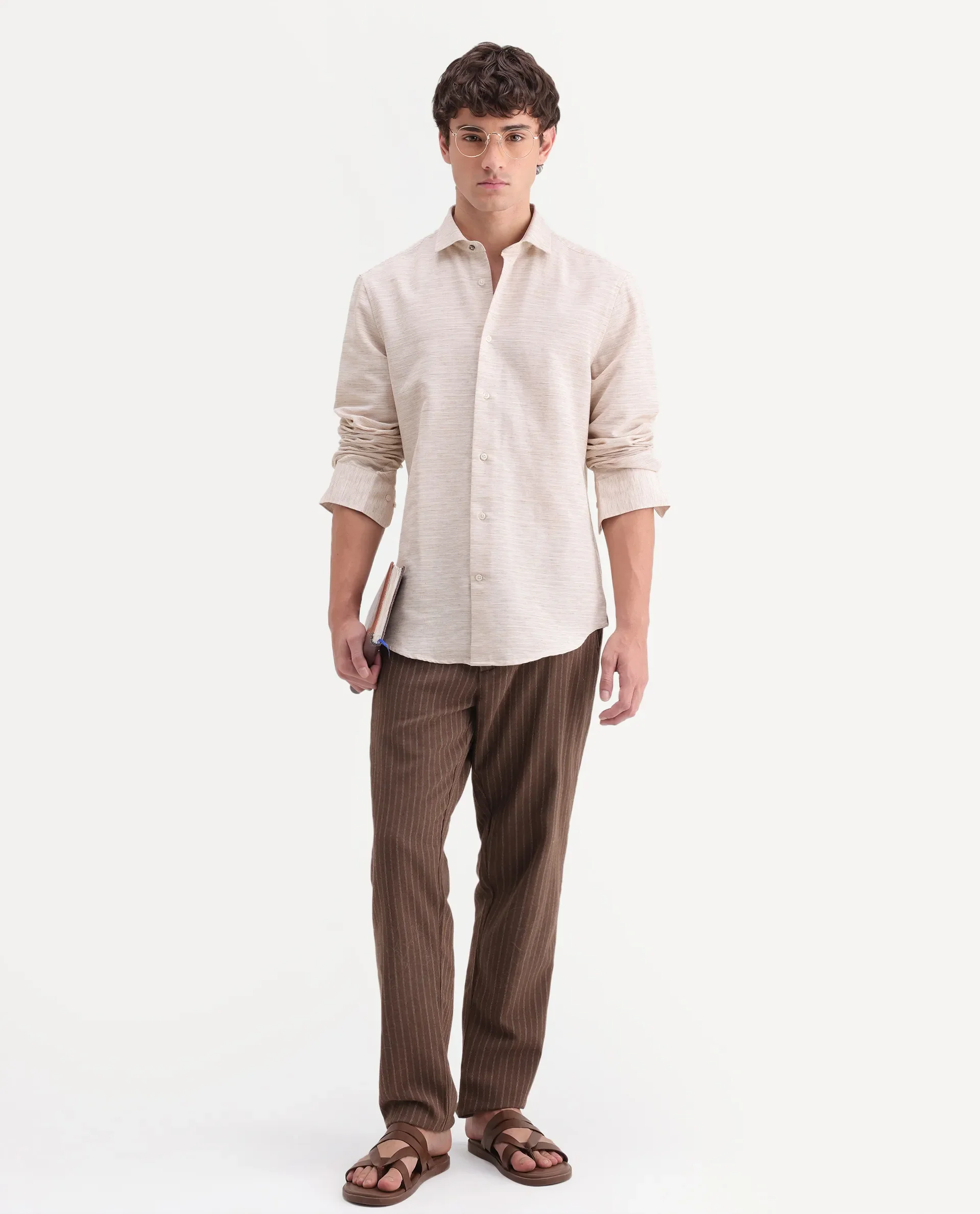 Rare Rabbit Men's Frit Beige Cotton Blend Fabric Full Sleeve Regular Fit Textured Shirt - Image 2