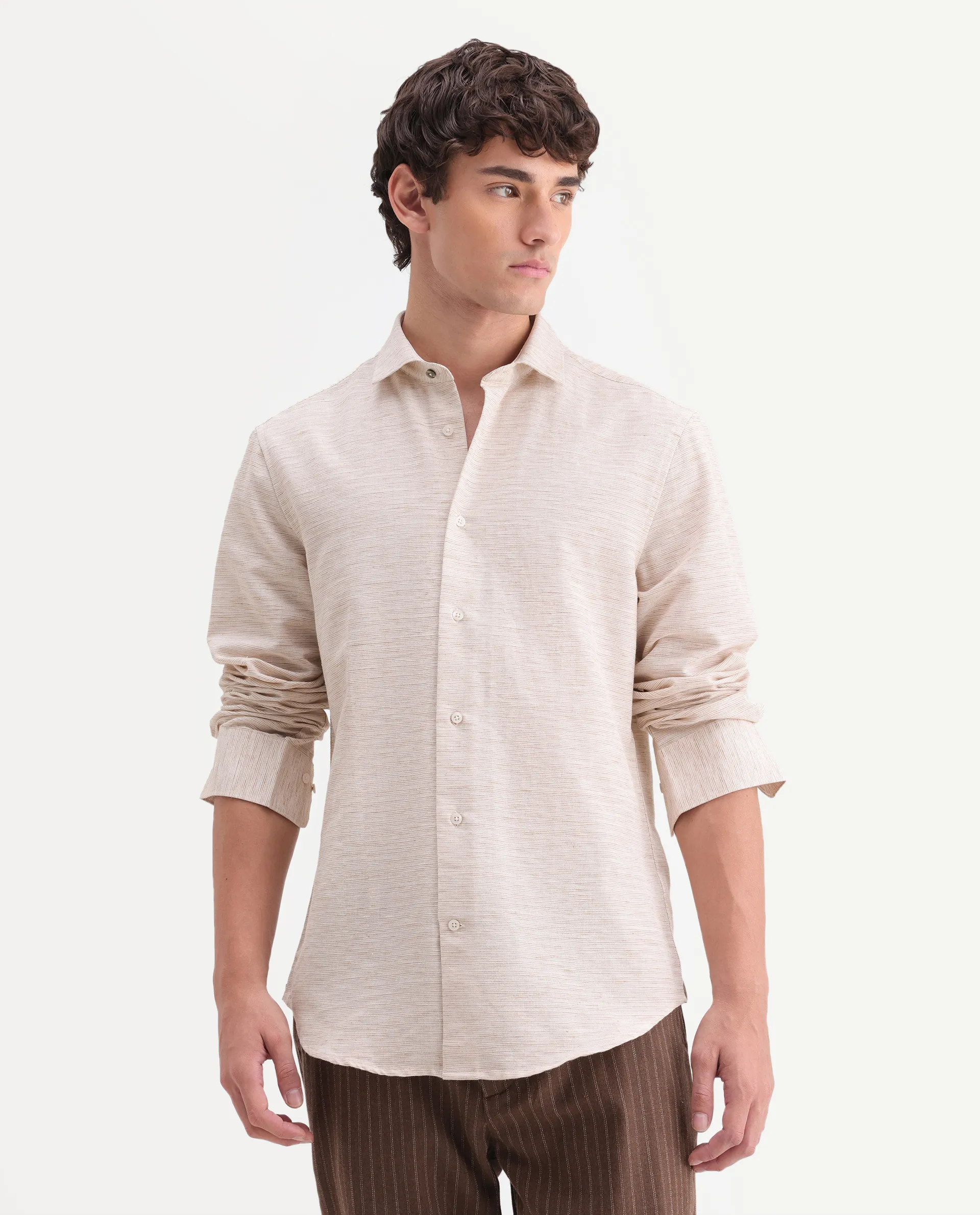 Rare Rabbit Men's Frit Beige Cotton Blend Fabric Full Sleeve Regular Fit Textured Shirt - Image 4