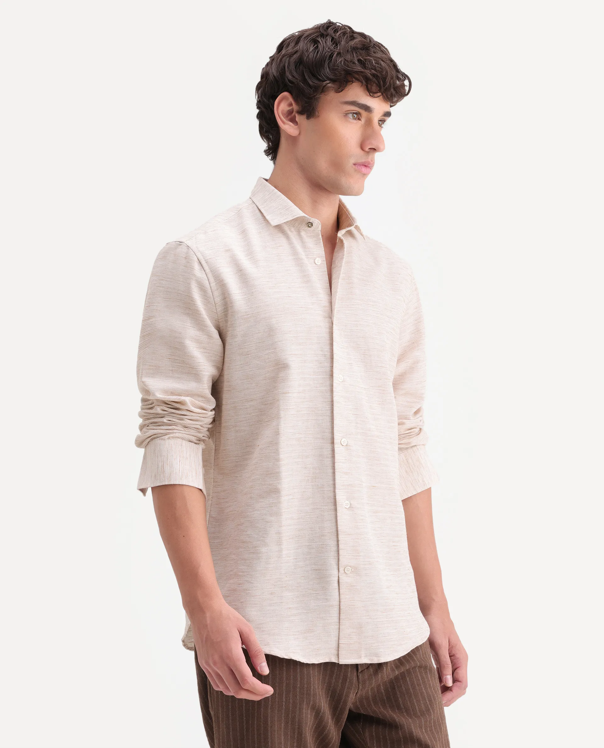 Rare Rabbit Men's Frit Beige Cotton Blend Fabric Full Sleeve Regular Fit Textured Shirt - Image 5