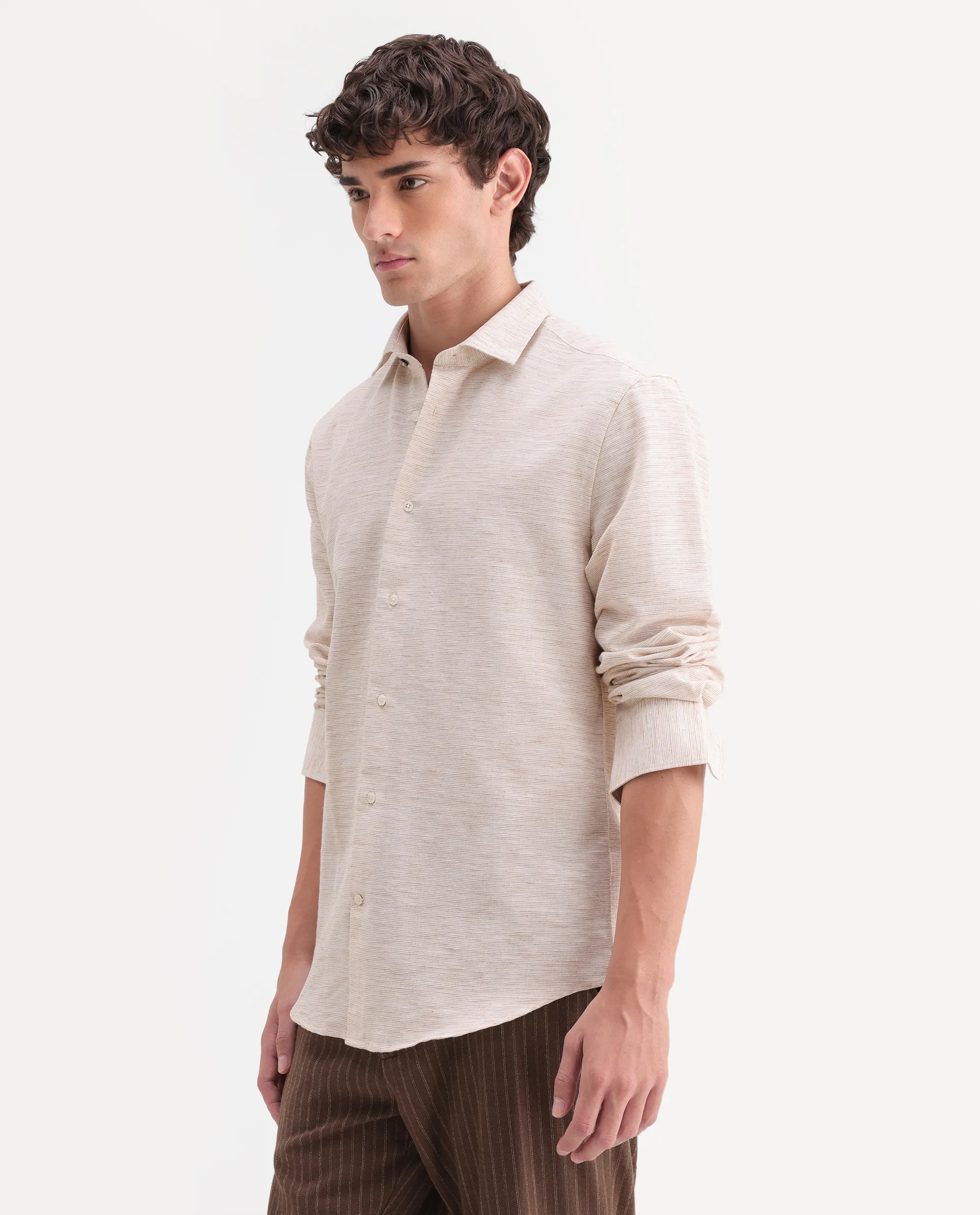 Rare Rabbit Men's Frit Beige Cotton Blend Fabric Full Sleeve Regular Fit Textured Shirt - Image 7