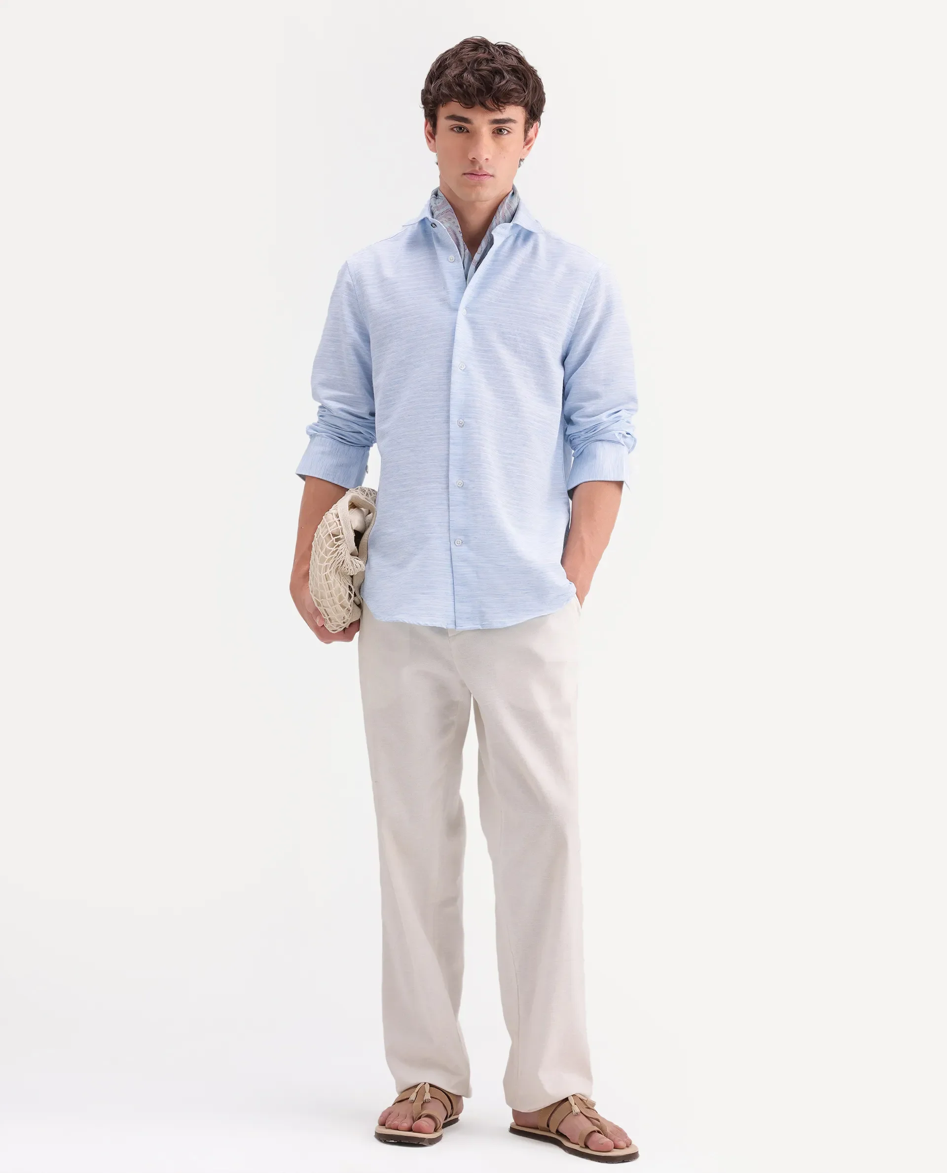 Rare Rabbit Men's Frit Blue Cotton Blend Fabric Full Sleeve Regular Fit Textured Shirt - Image 2