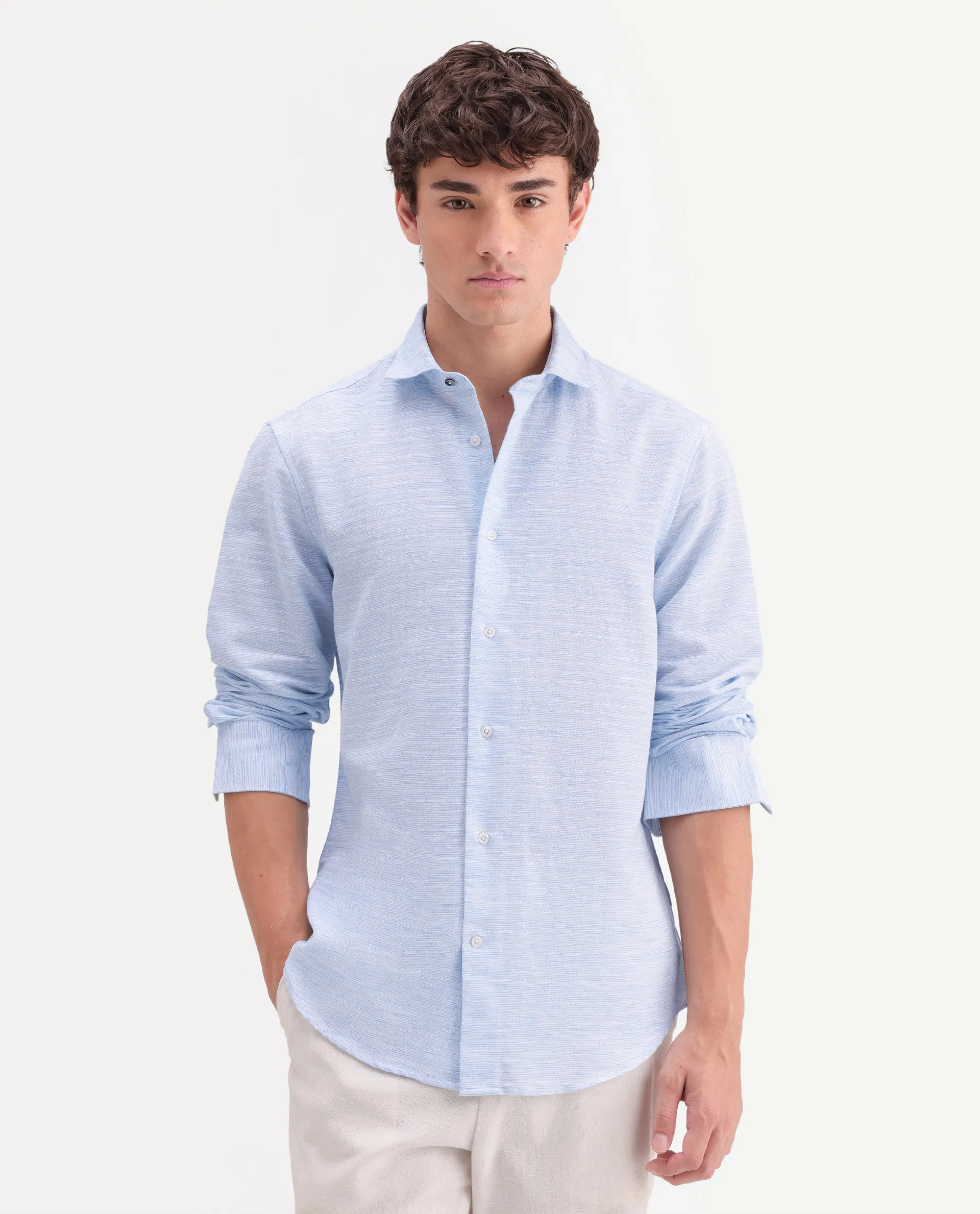 Rare Rabbit Men's Frit Blue Cotton Blend Fabric Full Sleeve Regular Fit Textured Shirt - Image 4
