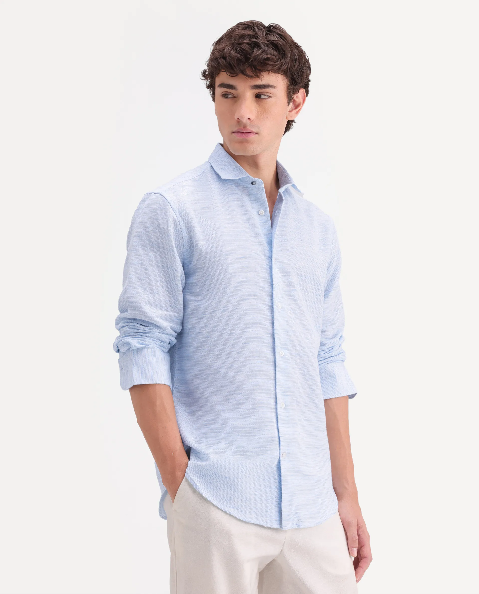 Rare Rabbit Men's Frit Blue Cotton Blend Fabric Full Sleeve Regular Fit Textured Shirt - Image 5