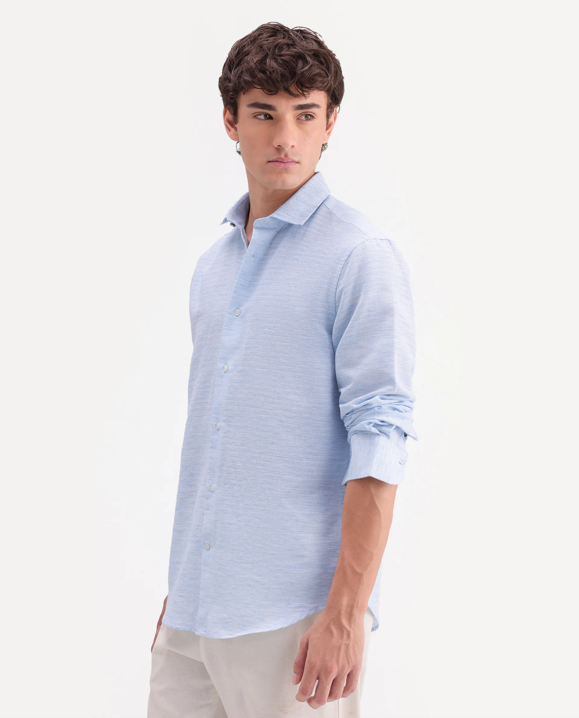Rare Rabbit Men's Frit Blue Cotton Blend Fabric Full Sleeve Regular Fit Textured Shirt - Image 6