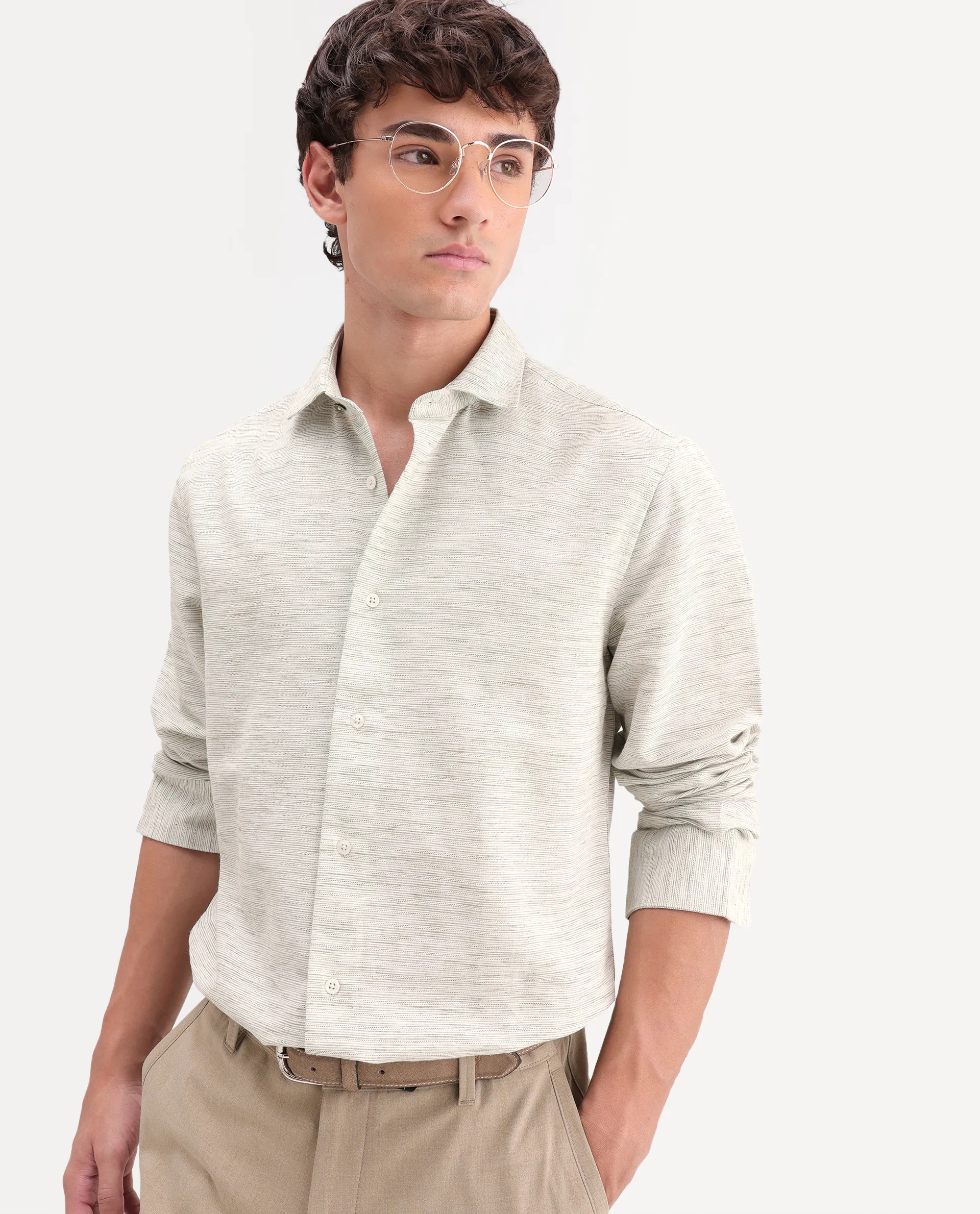 Rare Rabbit Men's Frit Dusky Green Cotton Blend Fabric Full Sleeve Regular Fit Textured Shirt