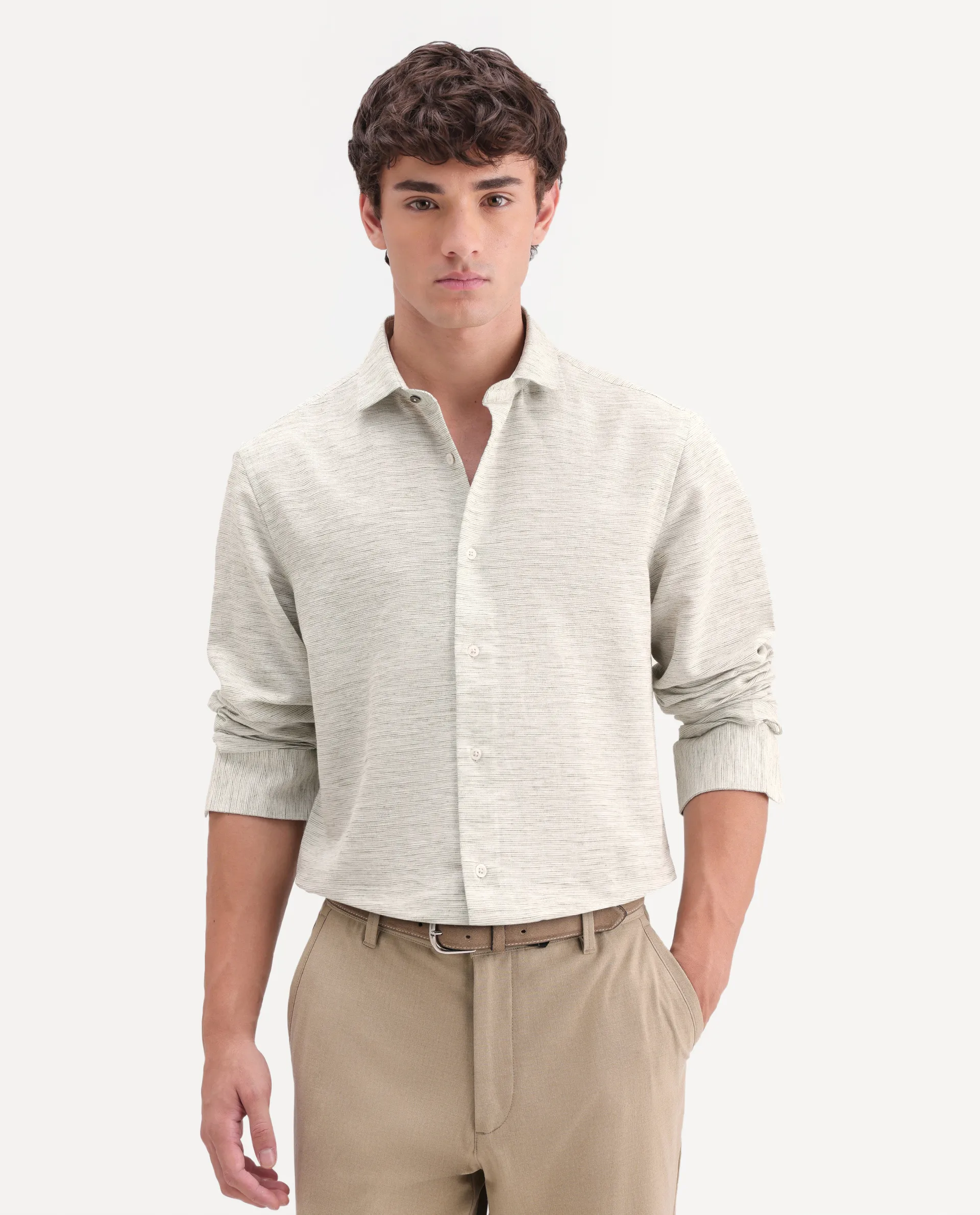 Rare Rabbit Men's Frit Dusky Green Cotton Blend Fabric Full Sleeve Regular Fit Textured Shirt - Image 4