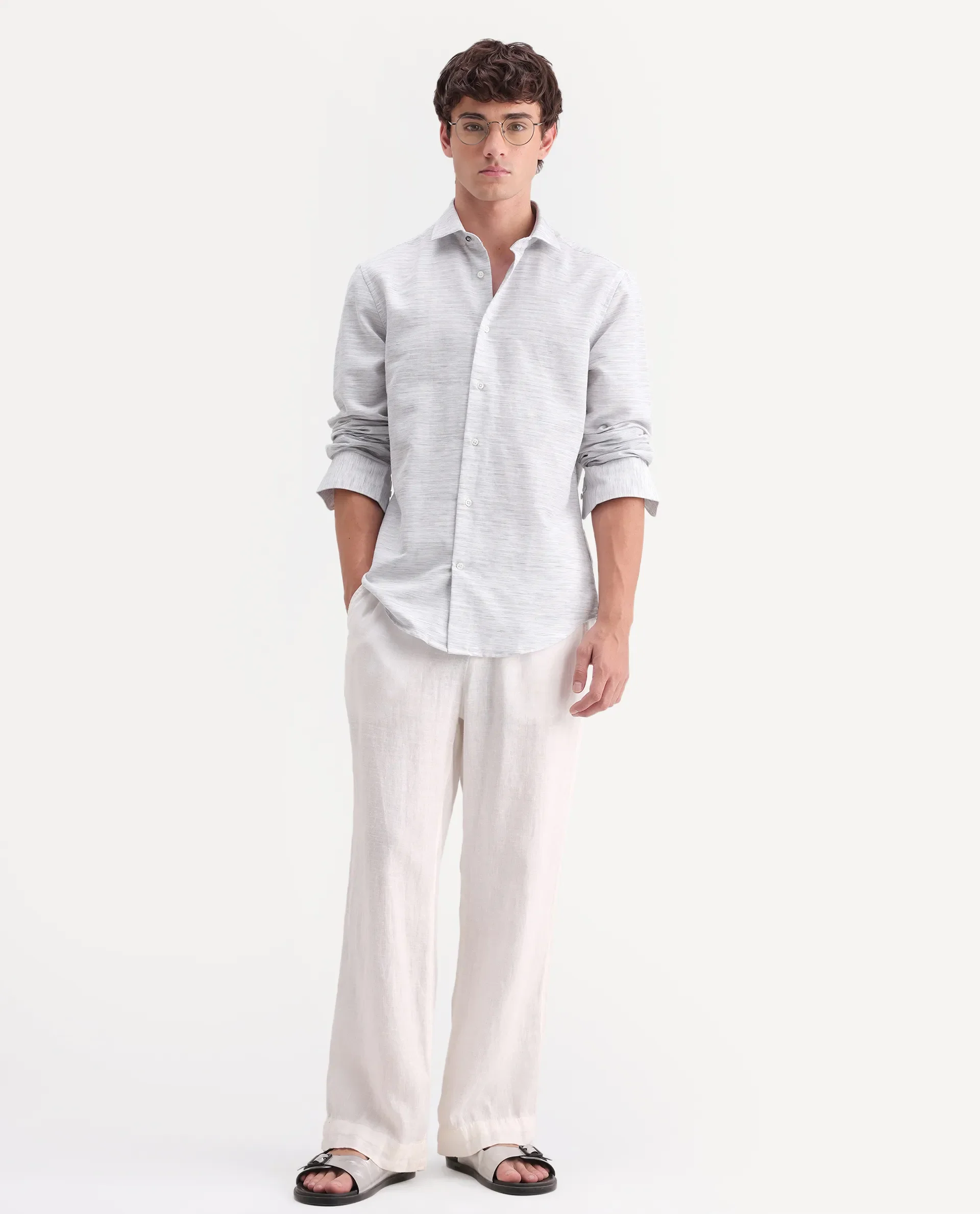 Rare Rabbit Men's Frit Light Grey Cotton Blend Fabric Full Sleeve Regular Fit Textured Shirt - Image 2