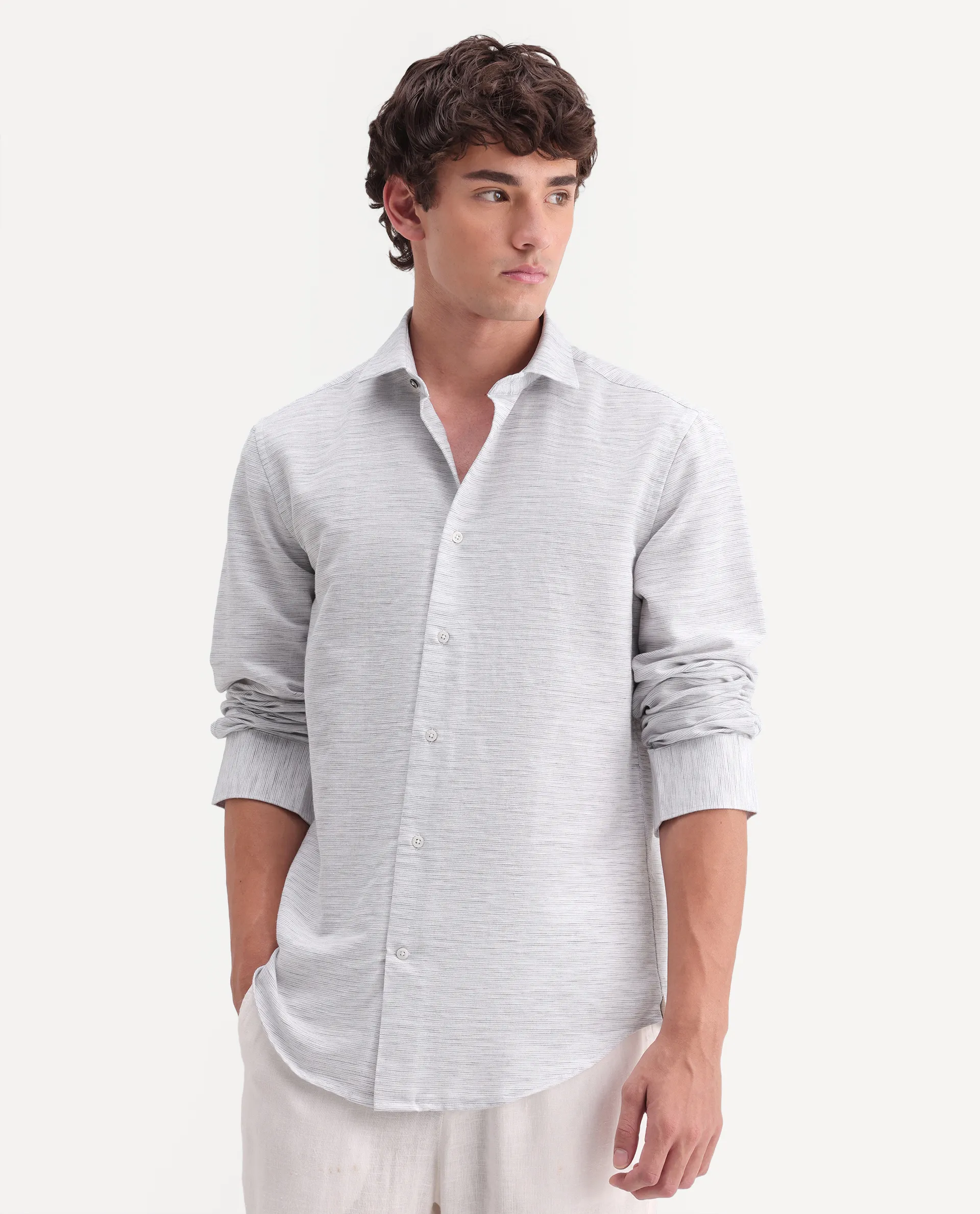 Rare Rabbit Men's Frit Light Grey Cotton Blend Fabric Full Sleeve Regular Fit Textured Shirt - Image 4