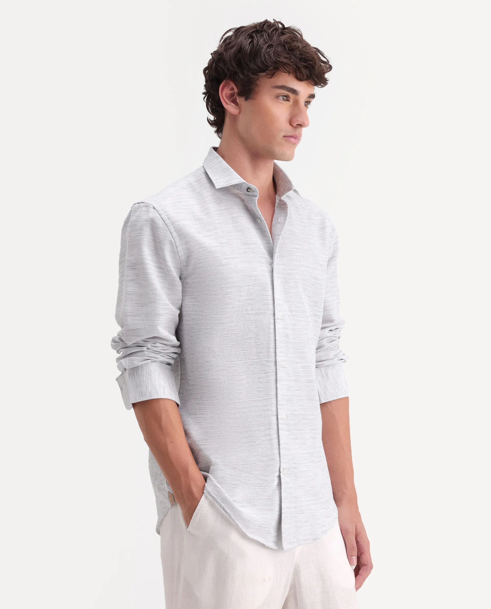 Rare Rabbit Men's Frit Light Grey Cotton Blend Fabric Full Sleeve Regular Fit Textured Shirt - Image 5