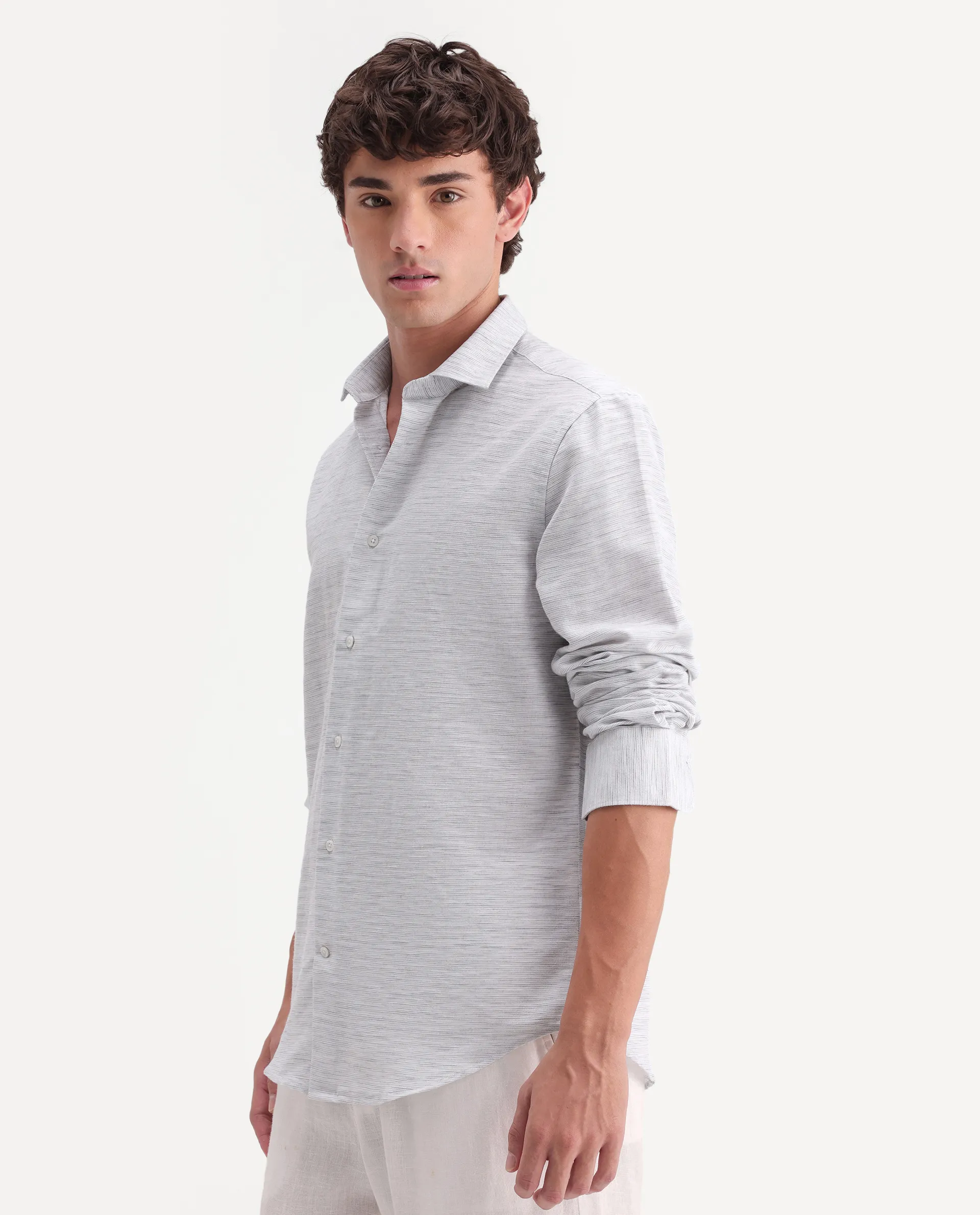 Rare Rabbit Men's Frit Light Grey Cotton Blend Fabric Full Sleeve Regular Fit Textured Shirt - Image 7