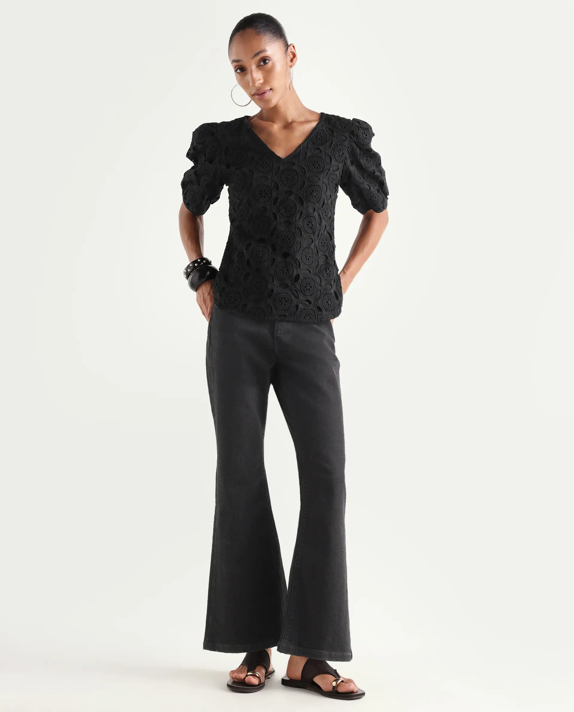 Rareism Women's Frita Black Cotton Blend Plain Ankle Length Effortless bootcut Jeans - Image 2