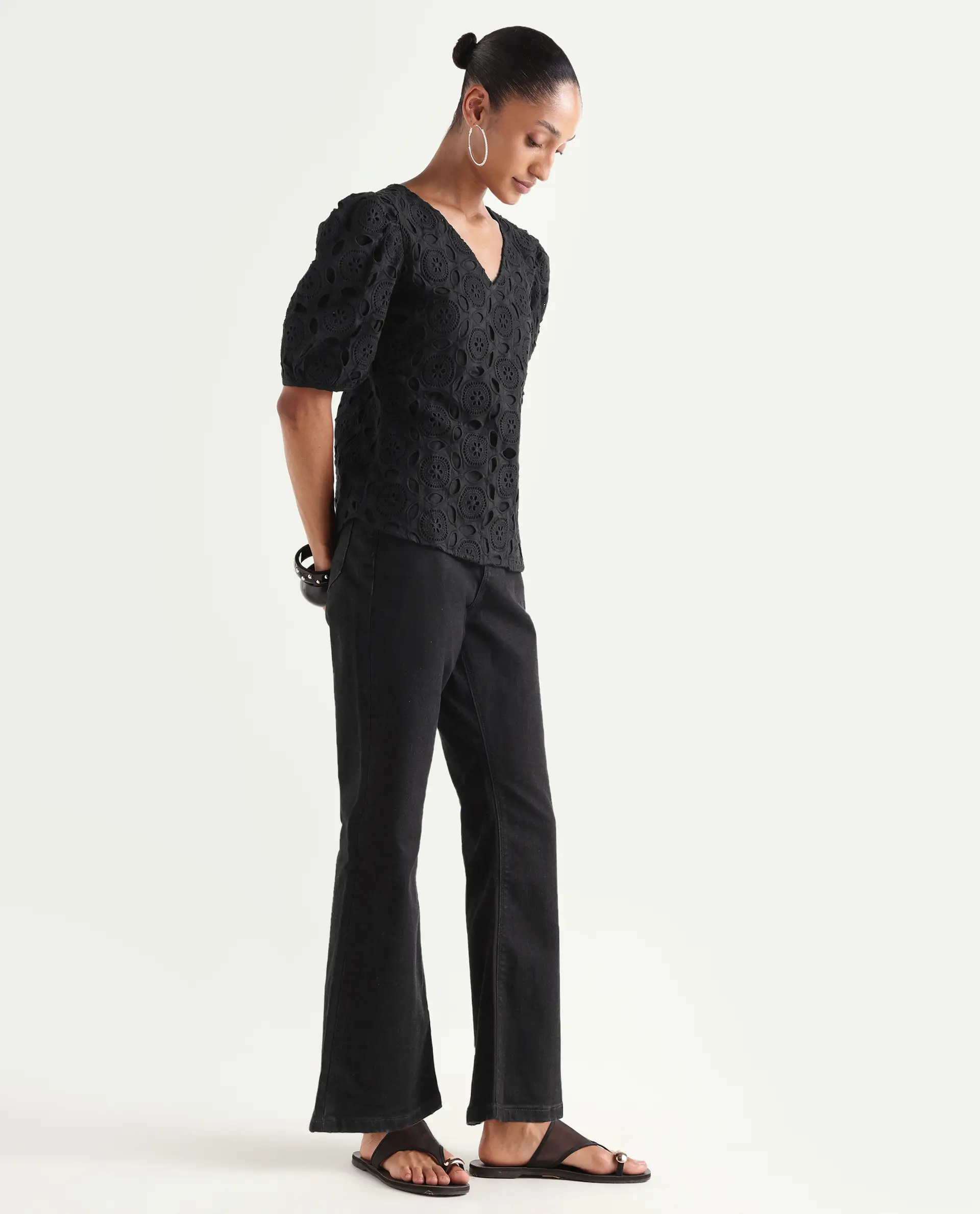 Rareism Women's Frita Black Cotton Blend Plain Ankle Length Effortless bootcut Jeans - Image 4