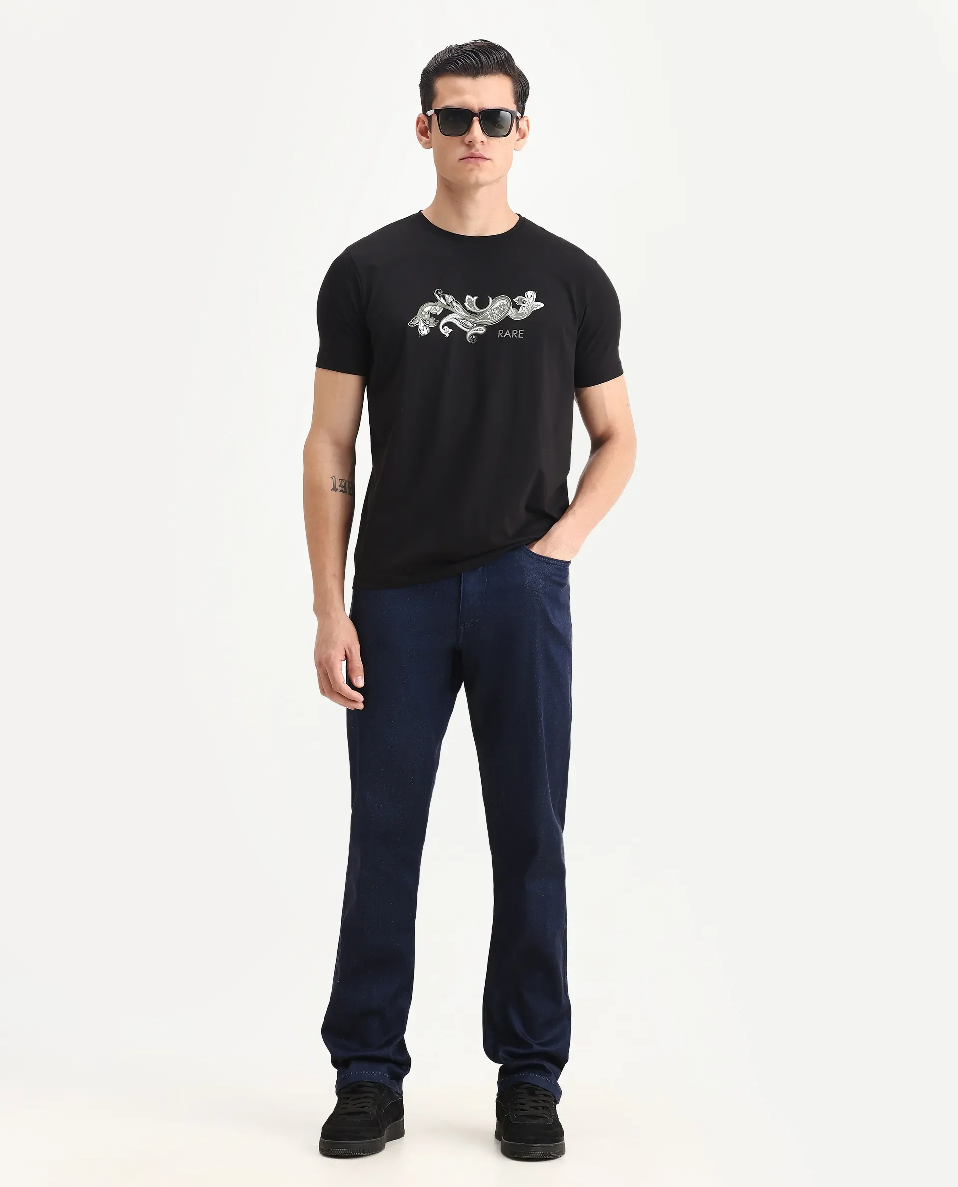 Rare Rabbit Men's Guild Casual Friter Black Cotton Blend Paisley Print Regular Fit Half Sleeve Crew Neck T-Shirt - Image 2