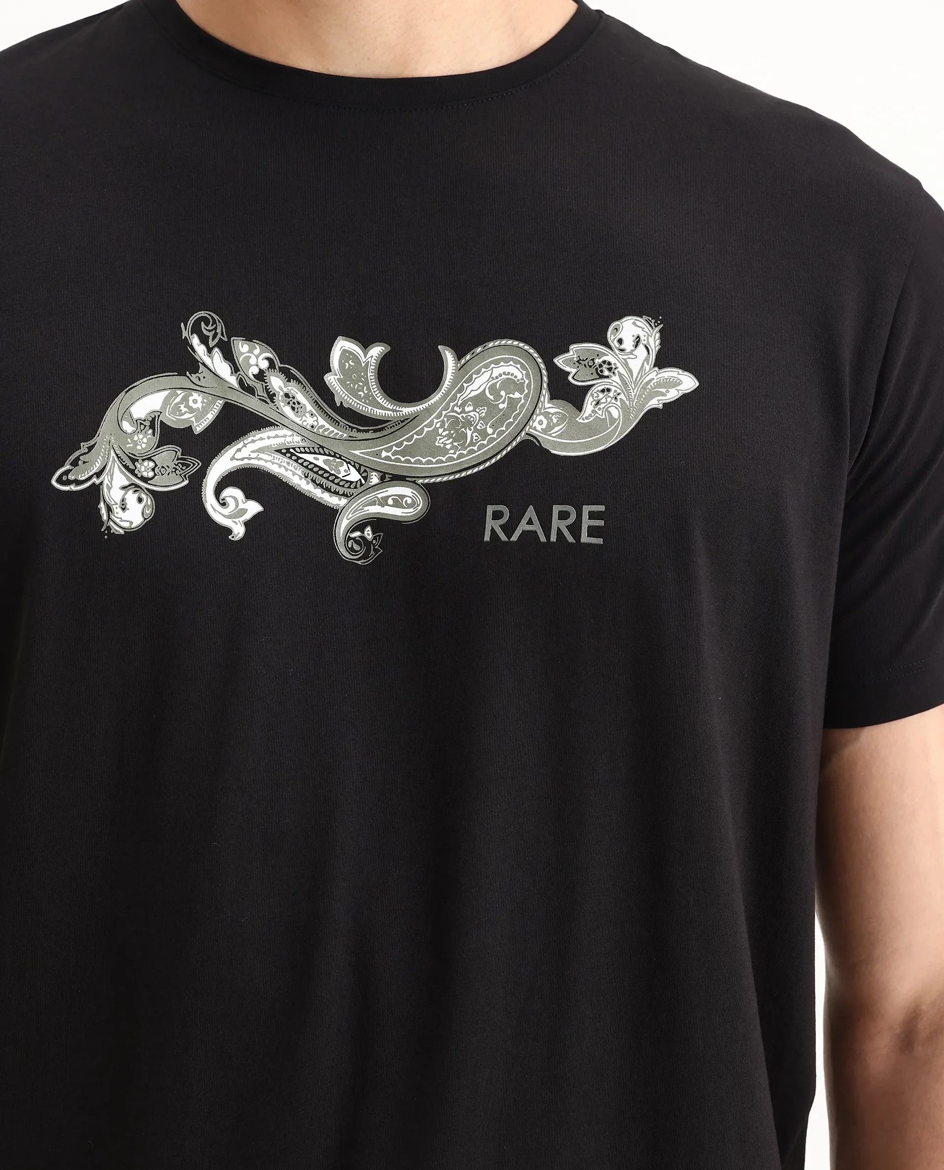 Rare Rabbit Men's Guild Casual Friter Black Cotton Blend Paisley Print Regular Fit Half Sleeve Crew Neck T-Shirt - Image 3