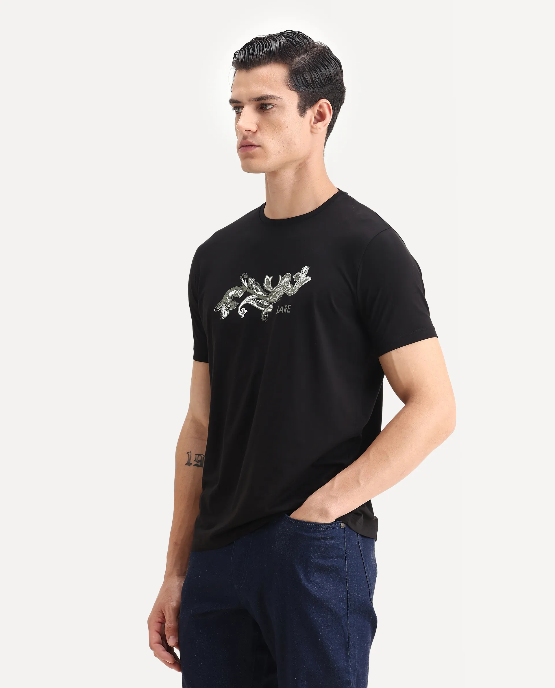 Rare Rabbit Men's Guild Casual Friter Black Cotton Blend Paisley Print Regular Fit Half Sleeve Crew Neck T-Shirt - Image 4