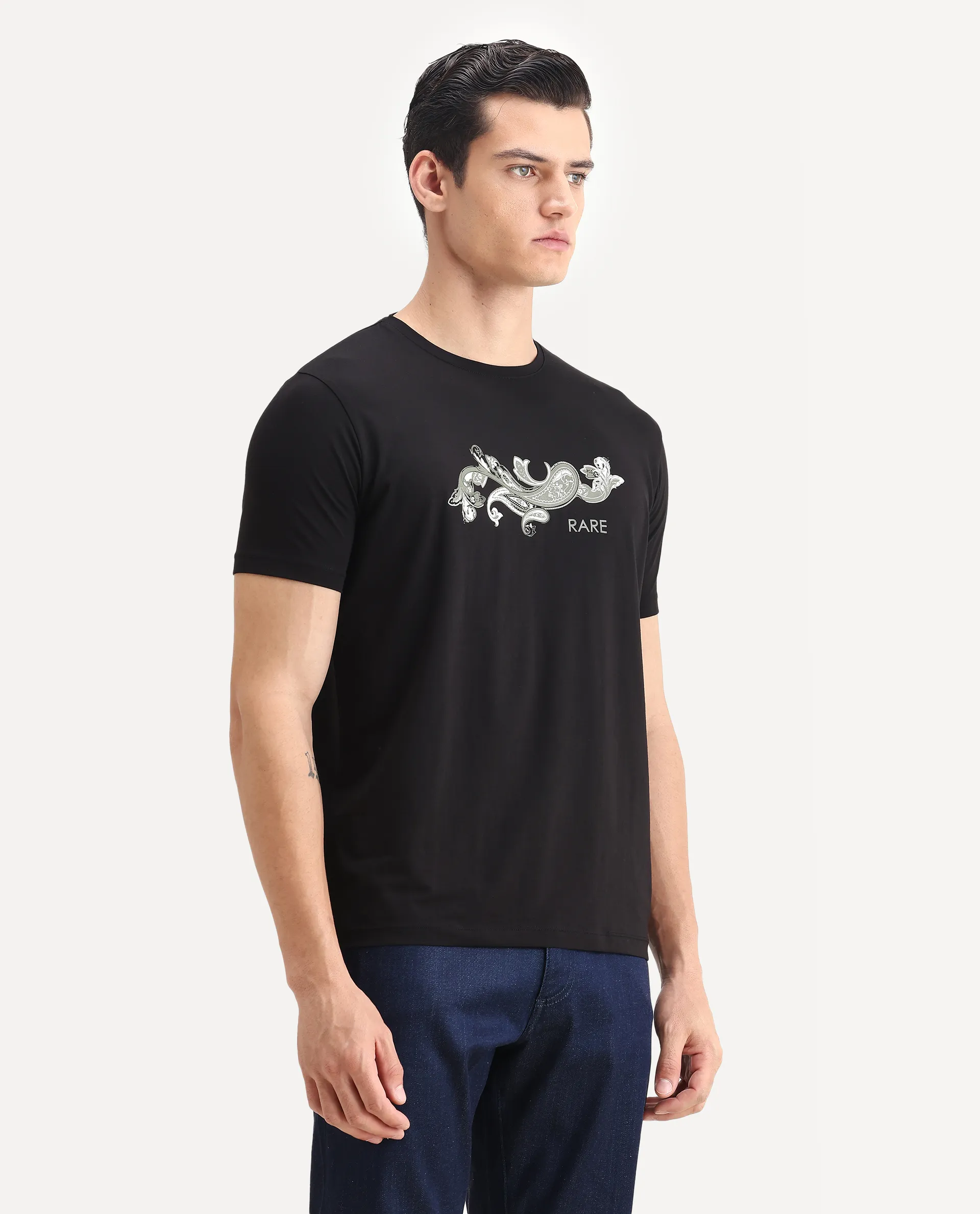 Rare Rabbit Men's Guild Casual Friter Black Cotton Blend Paisley Print Regular Fit Half Sleeve Crew Neck T-Shirt - Image 5